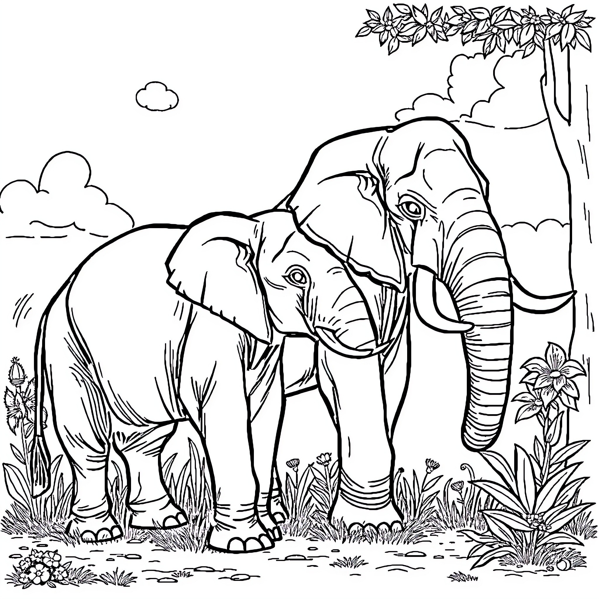 Giraffe Elephants Grazing in Lush Landscape Coloring Page (free black-and-white line drawing printable PDF for all, from beginners to advanced learners, including children, teens, adults, and seniors)