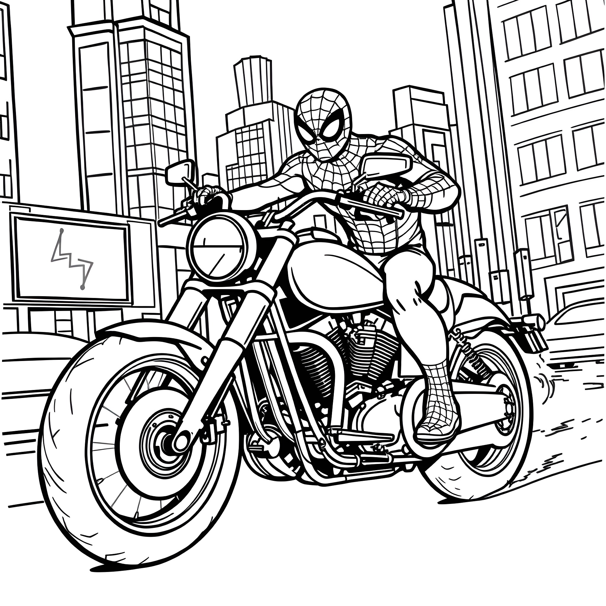 Spiderman riding a motorcycle through the city Coloring Page (free black-and-white line drawing printable PDF for all, from beginners to advanced learners, including children, teens, adults, and seniors)