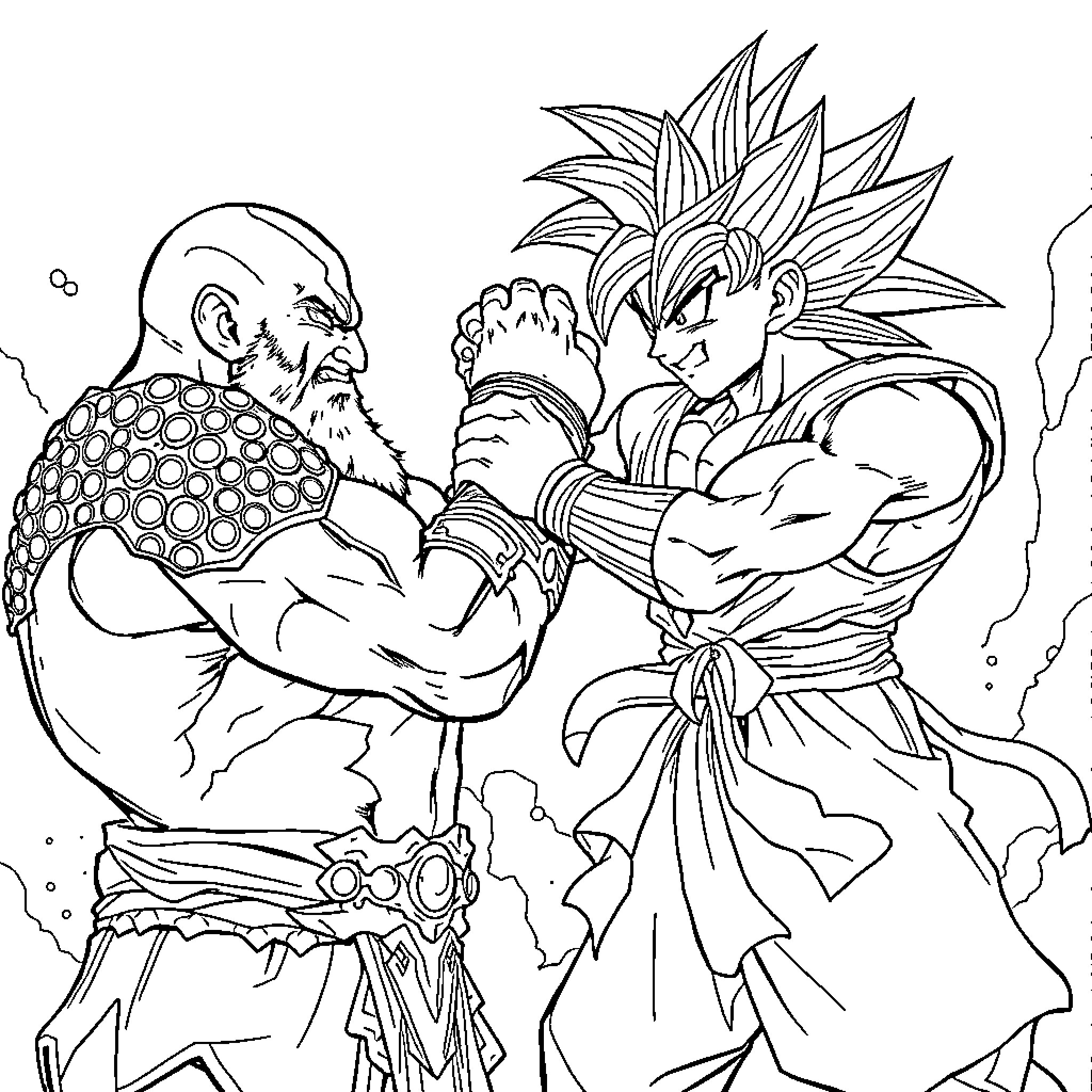 Kratos in intense battle with a powerful warrior Coloring Page (free black-and-white line drawing printable PDF for all, from beginners to advanced learners, including children, teens, adults, and seniors)