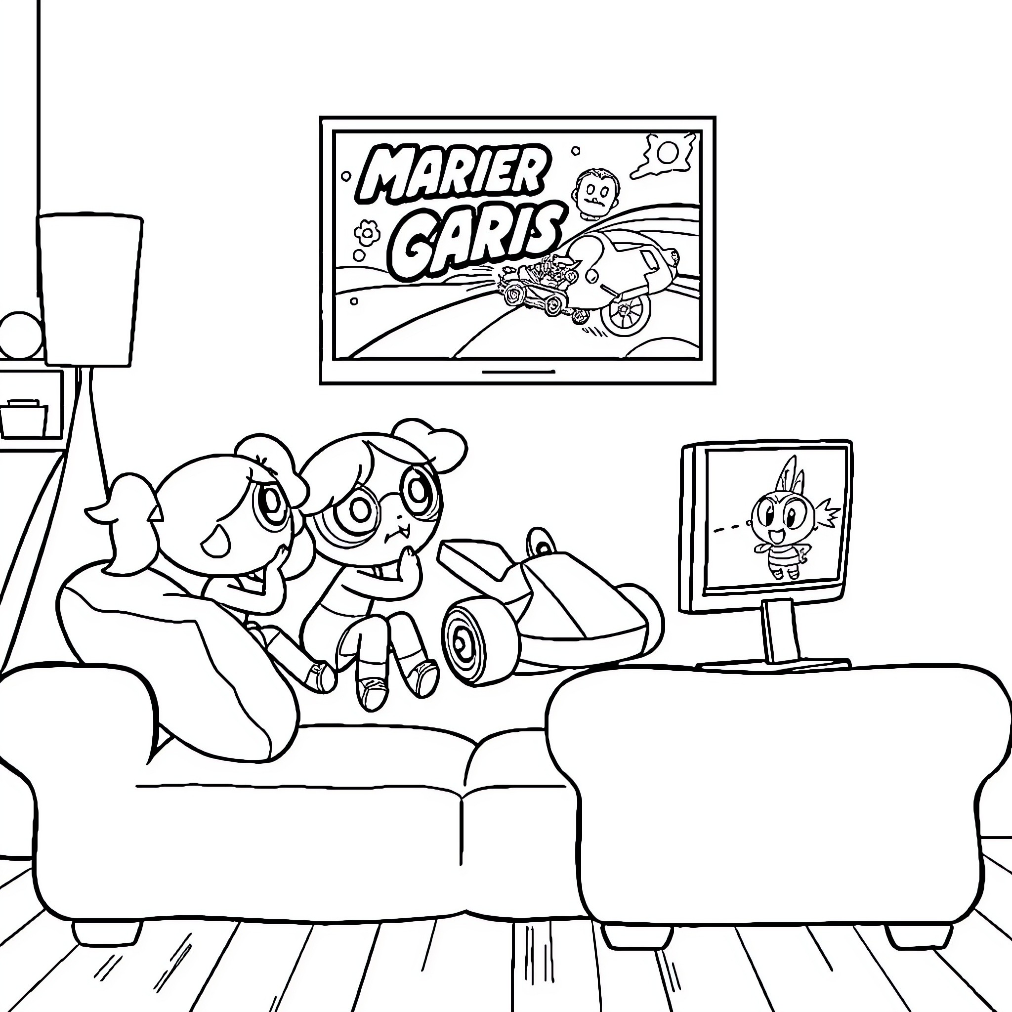 Powerpuff Girls Relaxing Together in Living Room Coloring Page (free black-and-white line drawing printable PDF for all, from beginners to advanced learners, including children, teens, adults, and seniors)