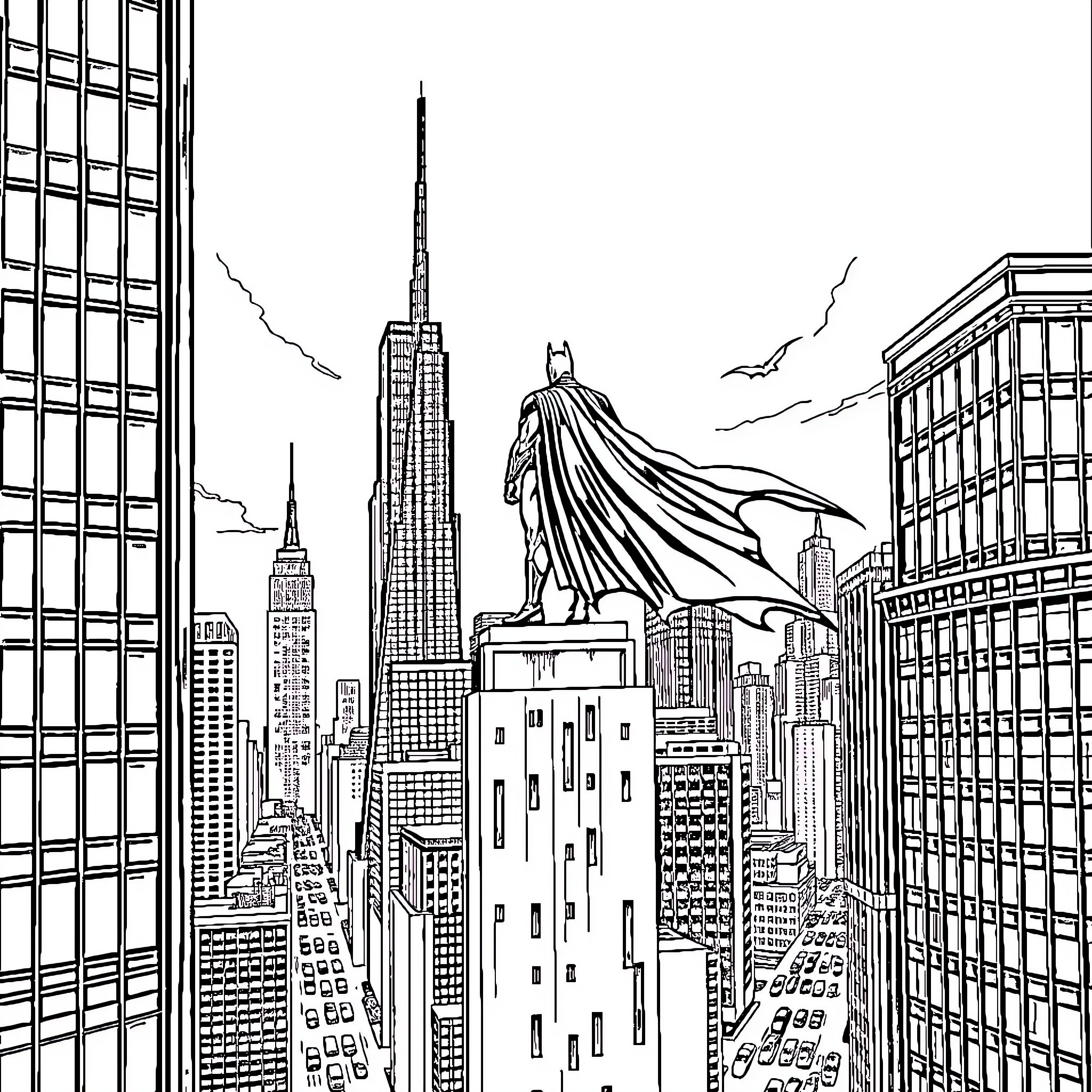 Batman overlooking the city skyline Coloring Page (free black-and-white line drawing printable PDF for all, from beginners to advanced learners, including children, teens, adults, and seniors)