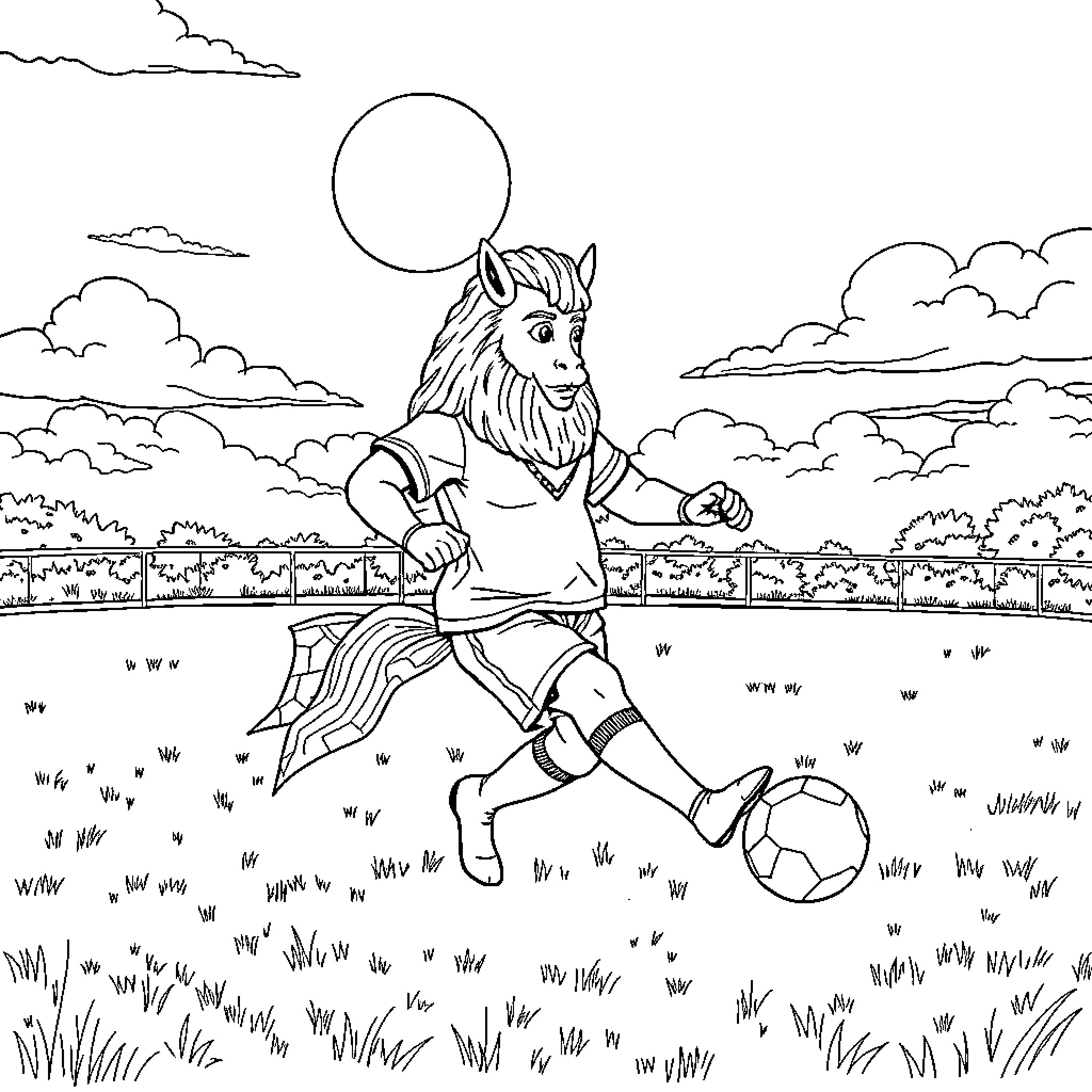 Papá Pitufo playing soccer in a field Coloring Page (free black-and-white line drawing printable PDF for all, from beginners to advanced learners, including children, teens, adults, and seniors)