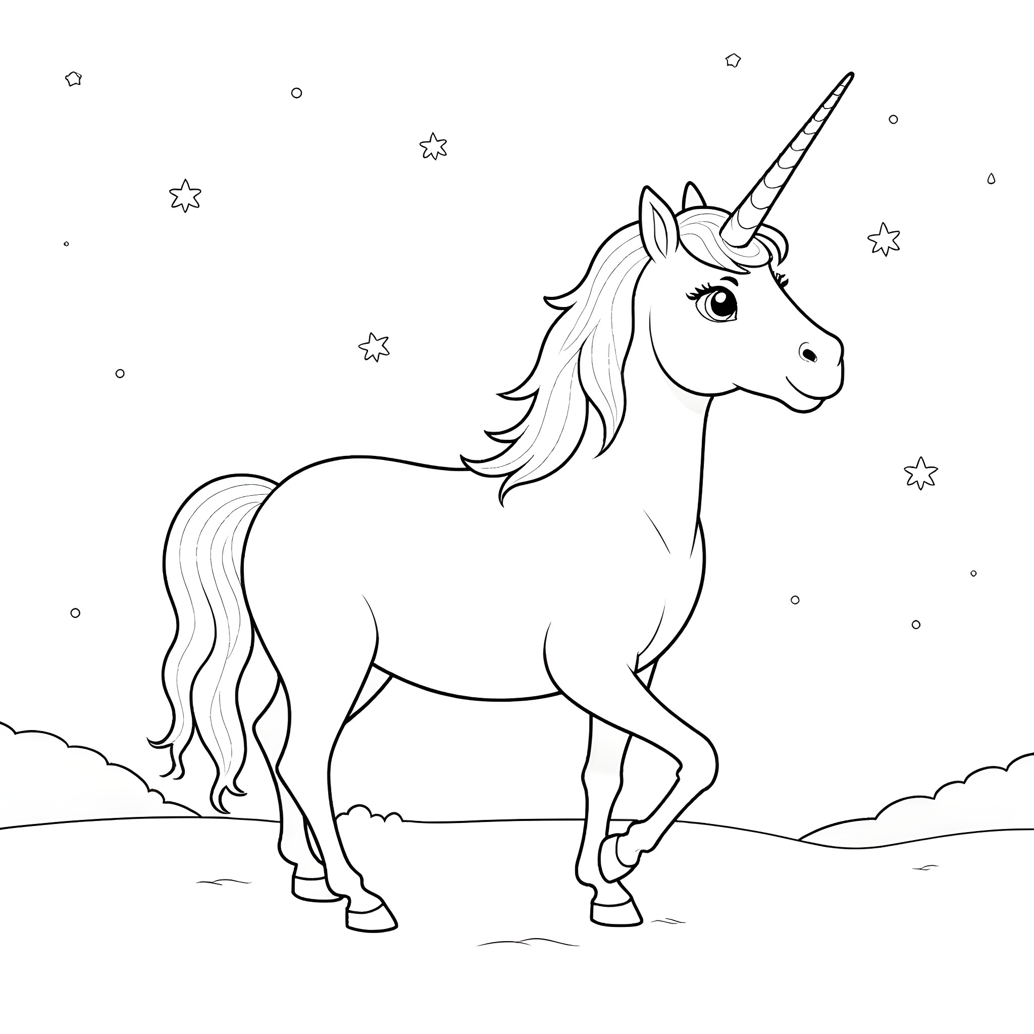 Unicorn standing among the stars Coloring Page (free black-and-white line drawing printable PDF for all, from beginners to advanced learners, including children, teens, adults, and seniors)