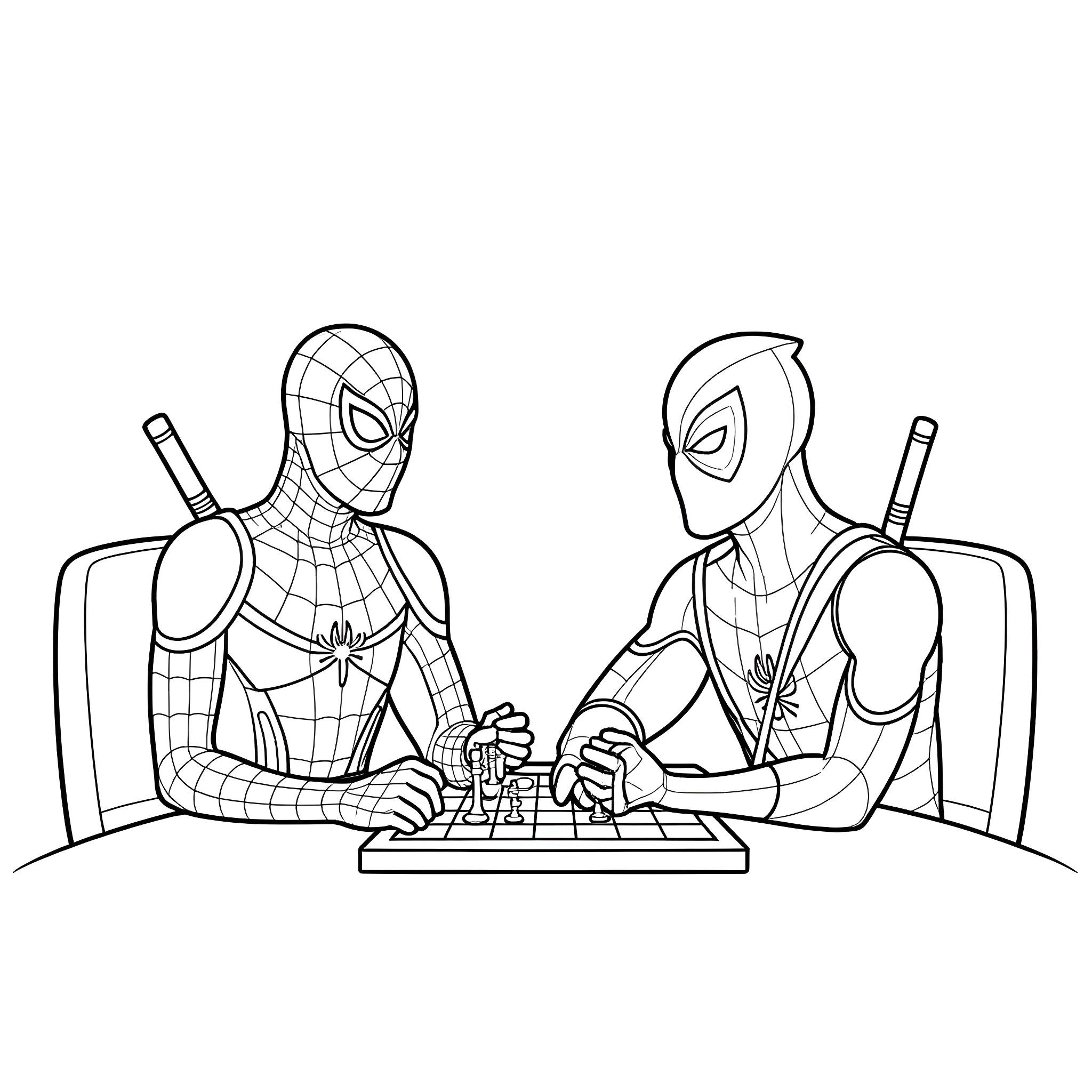 Spiderman and Deadpool playing chess together Coloring Page (free black-and-white line drawing printable PDF for all, from beginners to advanced learners, including children, teens, adults, and seniors)