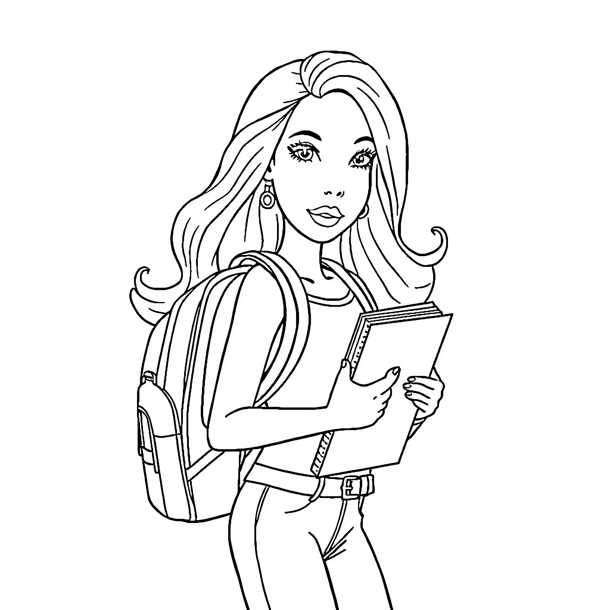 Barbie studying with backpack Coloring Page (free black-and-white line drawing printable PDF for all, from beginners to advanced learners, including children, teens, adults, and seniors)