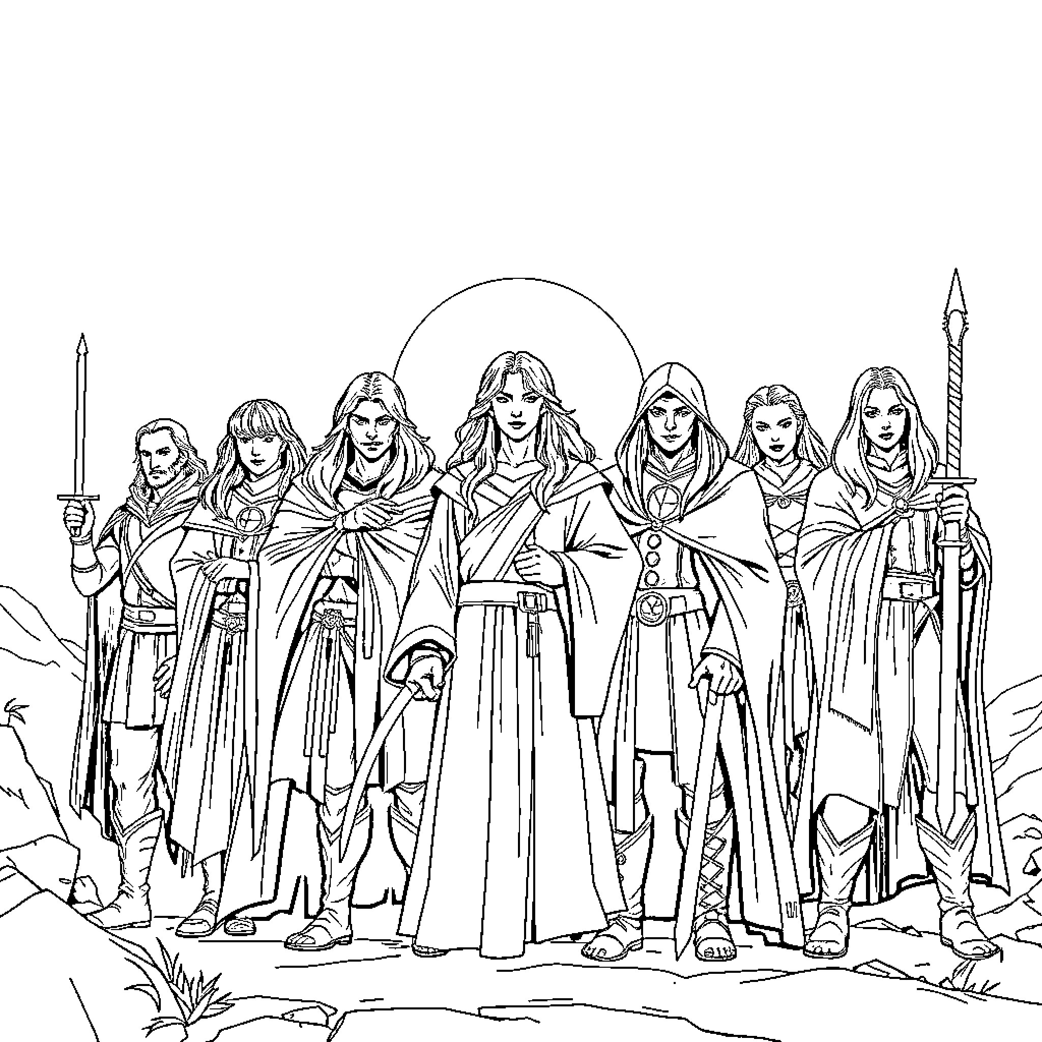 Lord of the Rings Characters in Heroic Pose Coloring Page (free black-and-white line drawing printable PDF for all, from beginners to advanced learners, including children, teens, adults, and seniors)