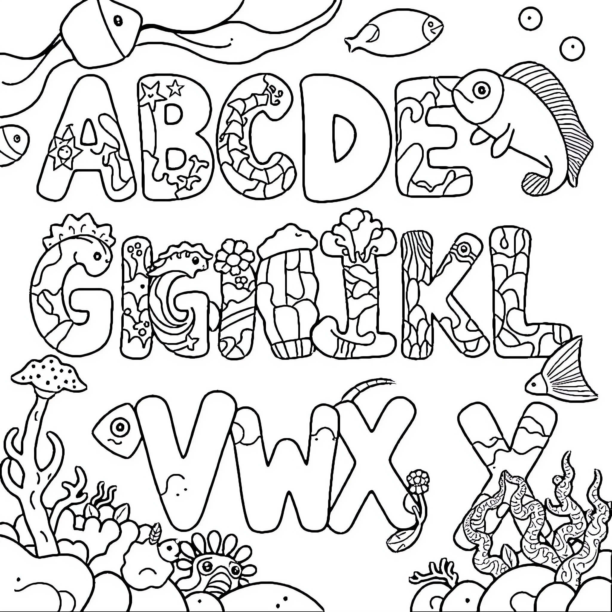 Ocean Alphabet - Underwater Creature Exploration Coloring Page (free black-and-white line drawing printable PDF for all, from beginners to advanced learners, including children, teens, adults, and seniors)