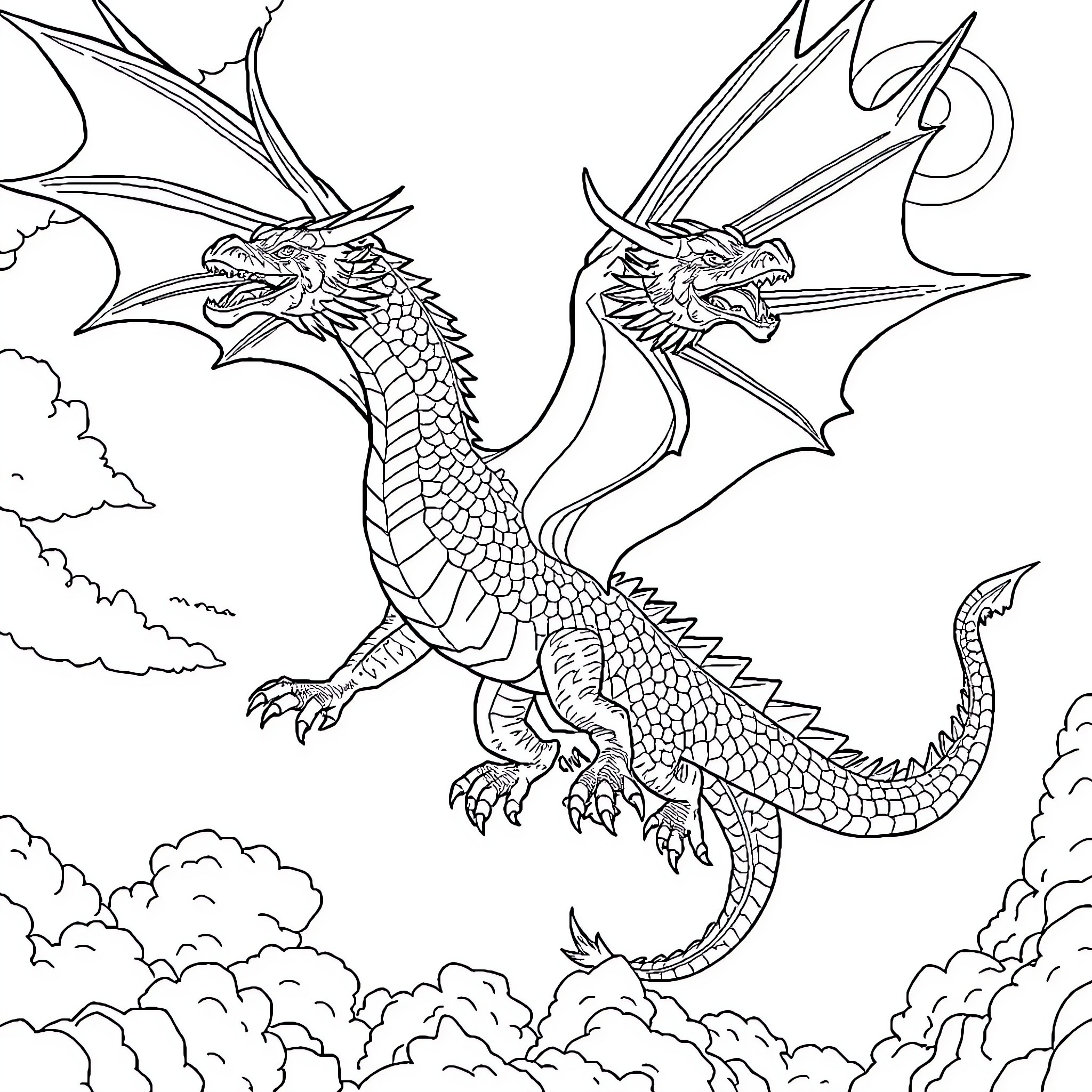 Dragons soaring through the cloudy skies Coloring Page (free black-and-white line drawing printable PDF for all, from beginners to advanced learners, including children, teens, adults, and seniors)