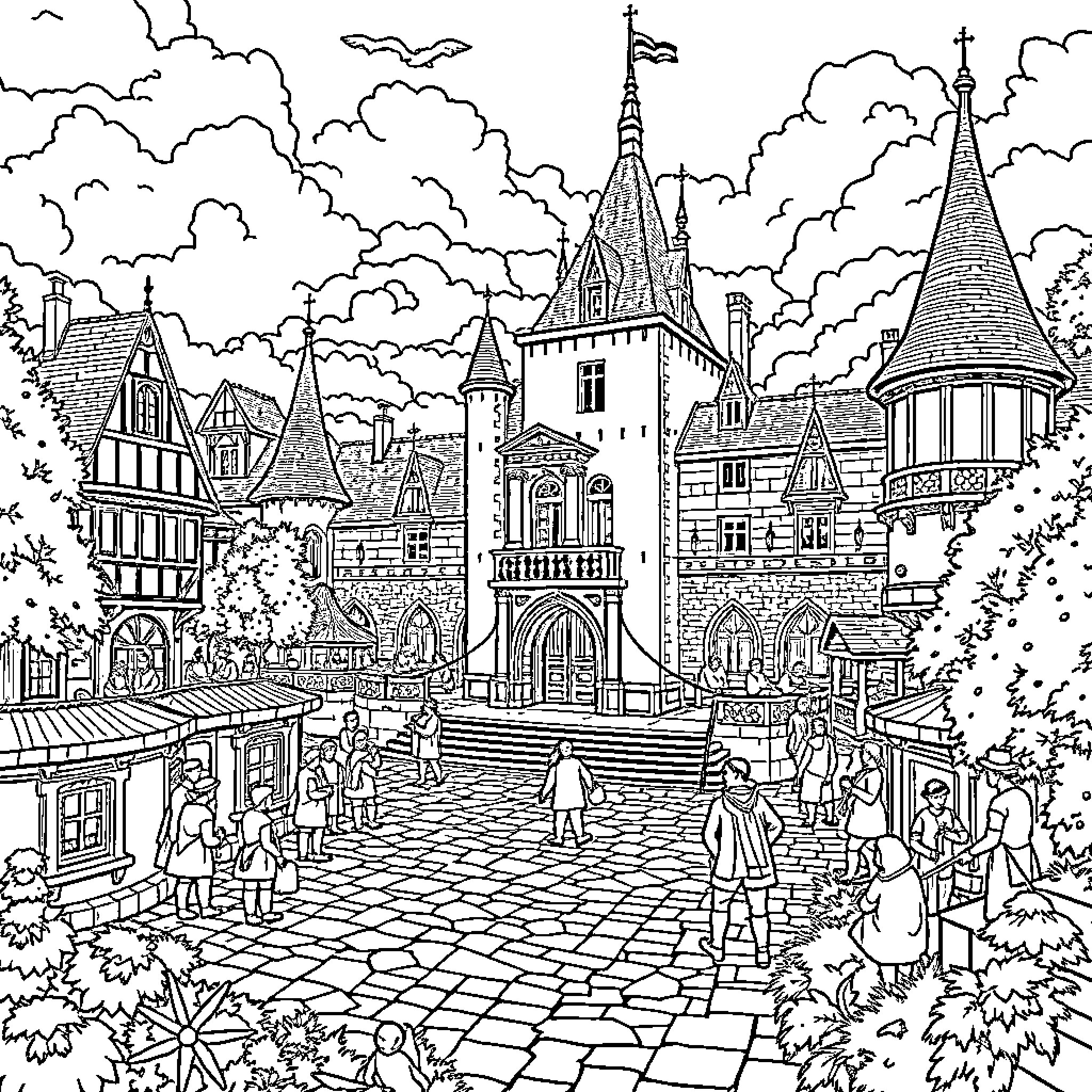 Puy du Fou: Enchanting Medieval Town with Ornate Architecture Coloring Page (free black-and-white line drawing printable PDF for all, from beginners to advanced learners, including children, teens, adults, and seniors)