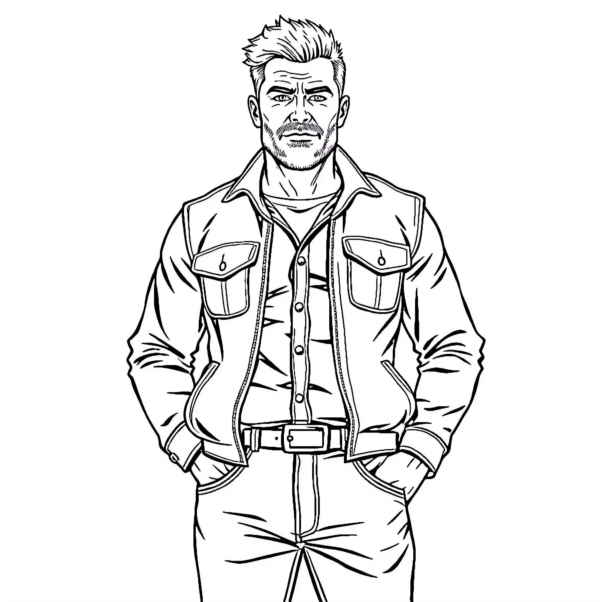 Man in casual attire with confident expression Coloring Page (free black-and-white line drawing printable PDF for all, from beginners to advanced learners, including children, teens, adults, and seniors)