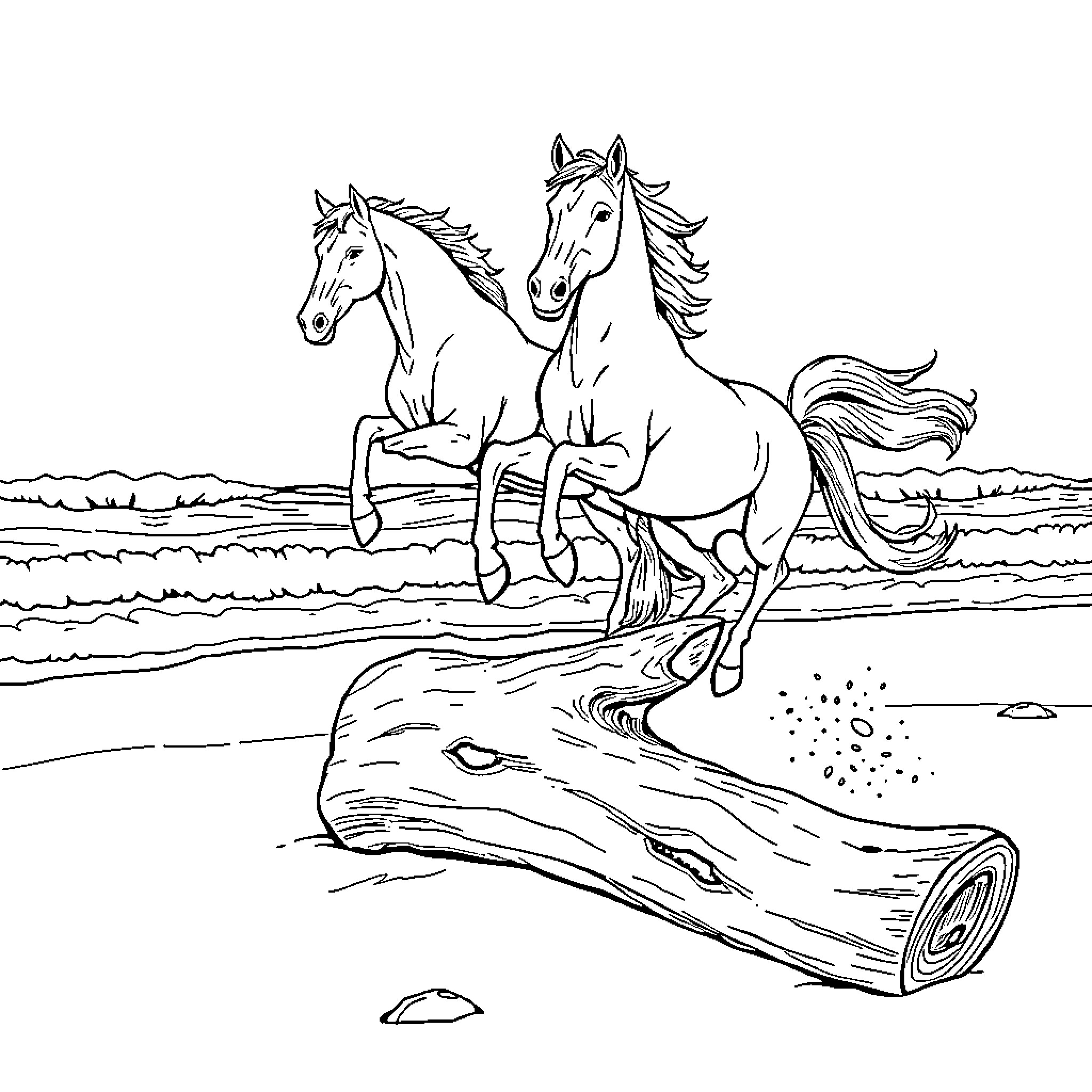 Horse galloping playfully on a log in nature Coloring Page (free black-and-white line drawing printable PDF for all, from beginners to advanced learners, including children, teens, adults, and seniors)