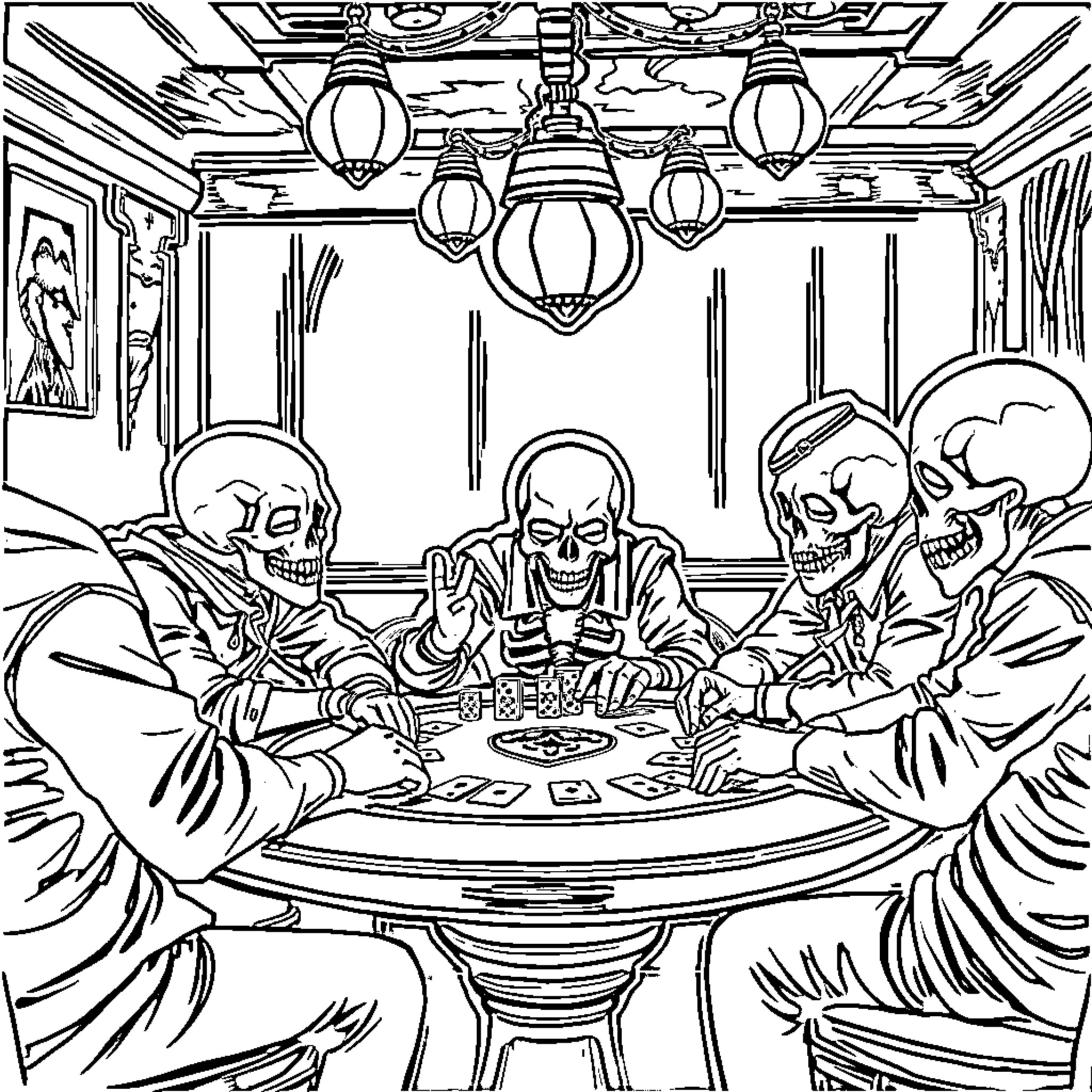 Skull Gathering at the Mysterious Dining Table Coloring Page (free black-and-white line drawing printable PDF for all, from beginners to advanced learners, including children, teens, adults, and seniors)
