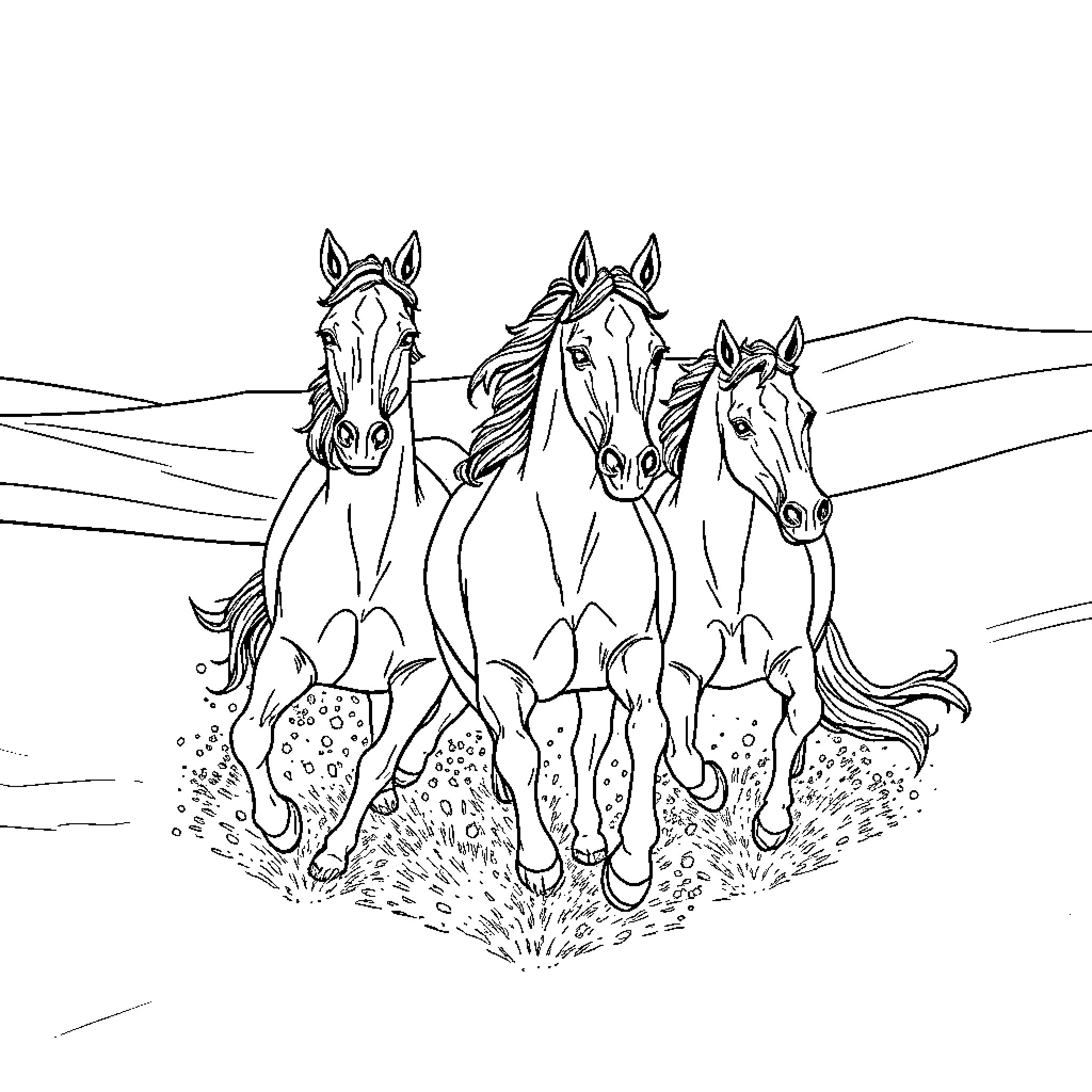 Horse Herd Running Freely Across the Countryside Coloring Page (free black-and-white line drawing printable PDF for all, from beginners to advanced learners, including children, teens, adults, and seniors)