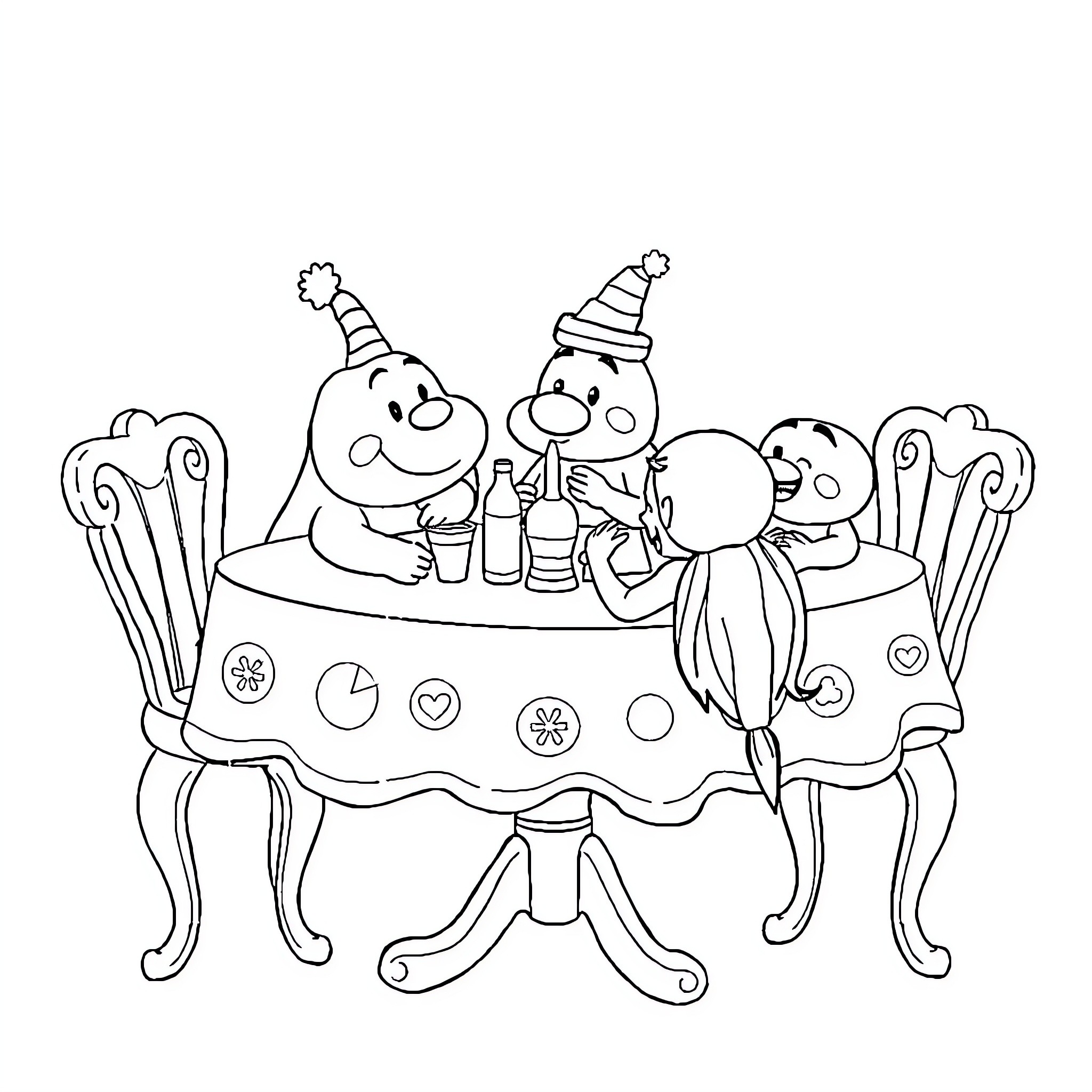 Board Game Party with Friends Coloring Page (free black-and-white line drawing printable PDF for all, from beginners to advanced learners, including children, teens, adults, and seniors)