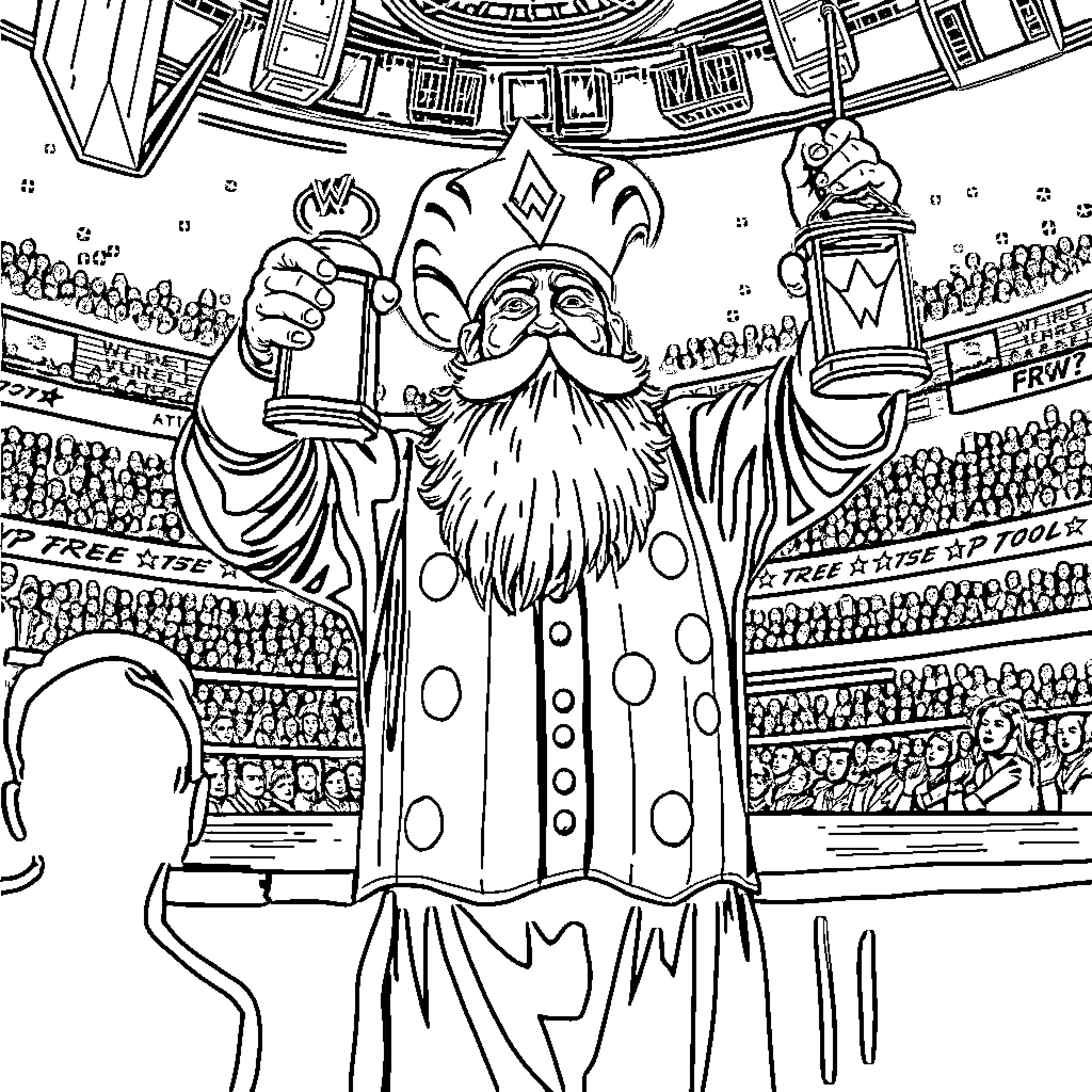 Uncle Howdy's Festive Celebration in the Stadium Coloring Page (free black-and-white line drawing printable PDF for all, from beginners to advanced learners, including children, teens, adults, and seniors)
