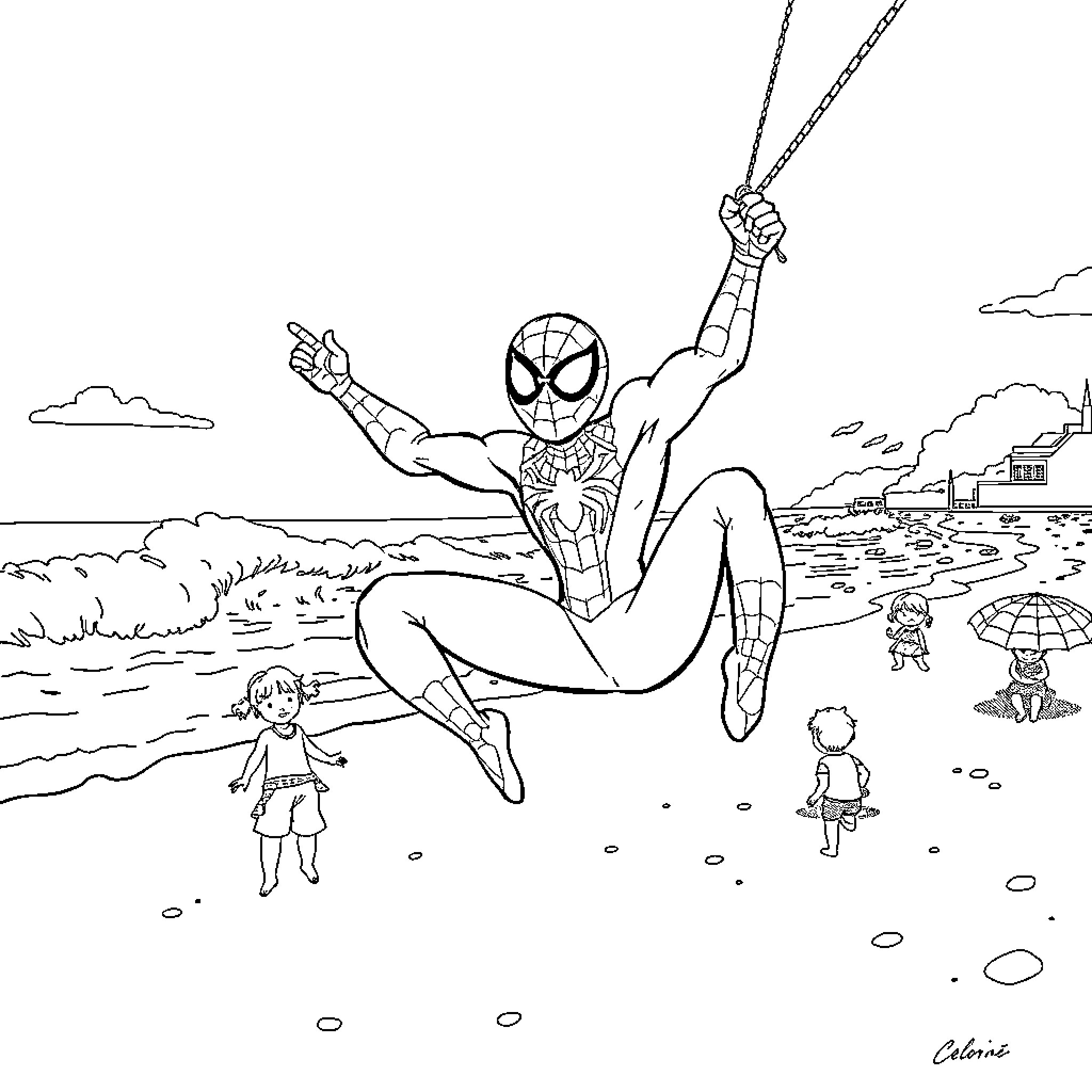 Spidey Swings through Sunny Playground Coloring Page (free black-and-white line drawing printable PDF for all, from beginners to advanced learners, including children, teens, adults, and seniors)