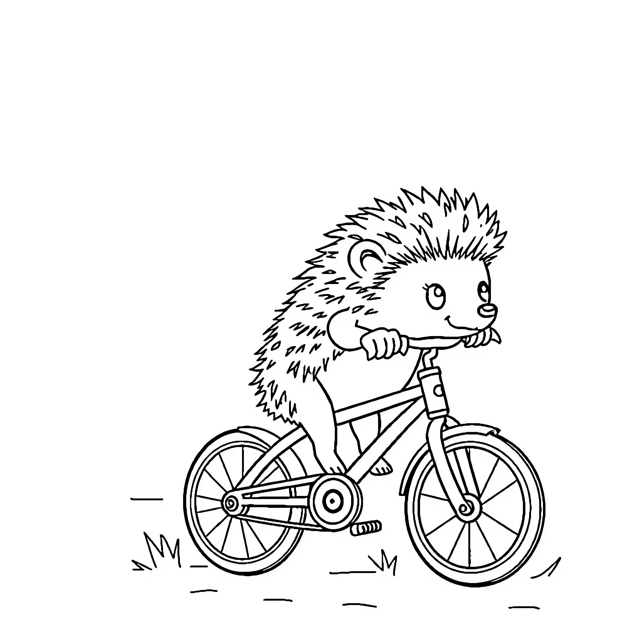Hedgehog riding a bicycle Coloring Page (free black-and-white line drawing printable PDF for all, from beginners to advanced learners, including children, teens, adults, and seniors)