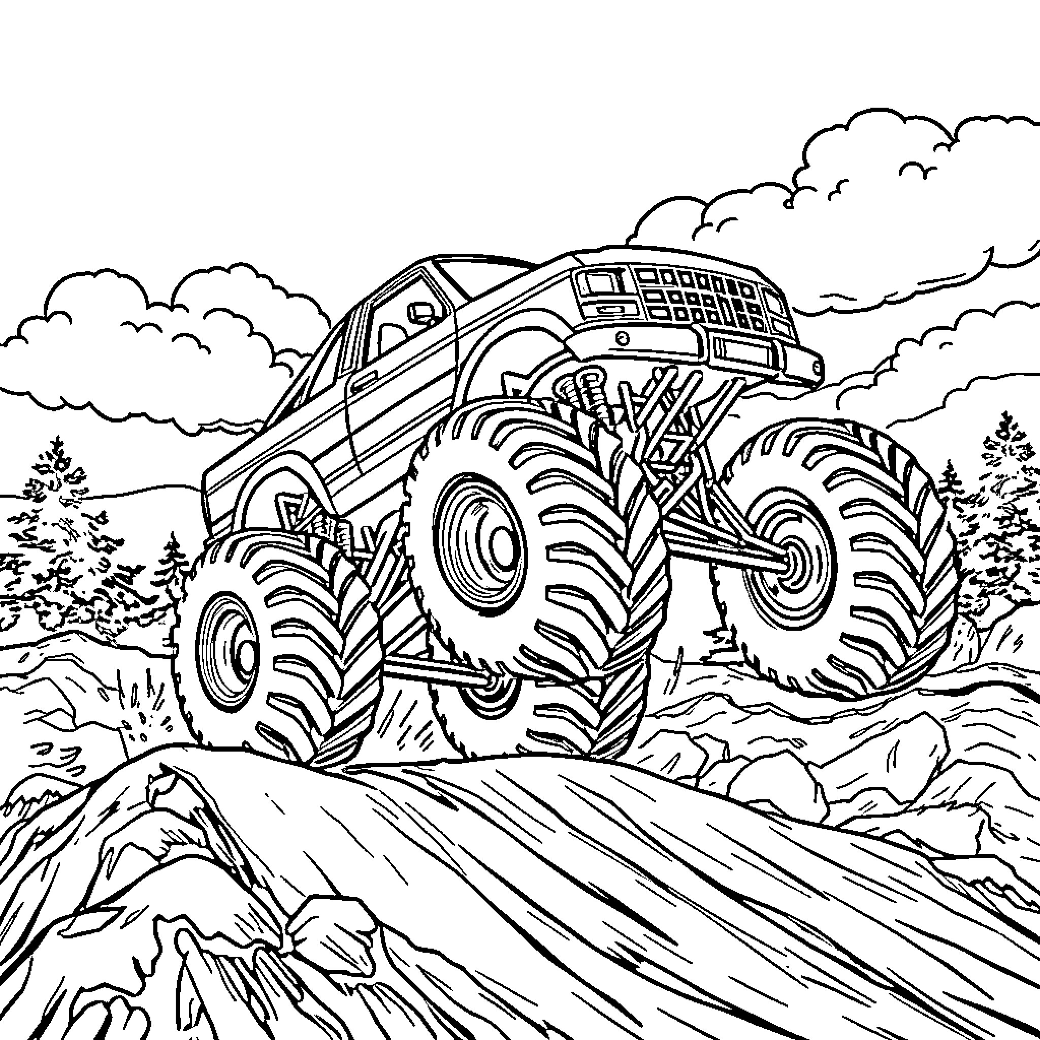 Monster Truck Racing Through Rugged Terrain Coloring Page (free black-and-white line drawing printable PDF for all, from beginners to advanced learners, including children, teens, adults, and seniors)