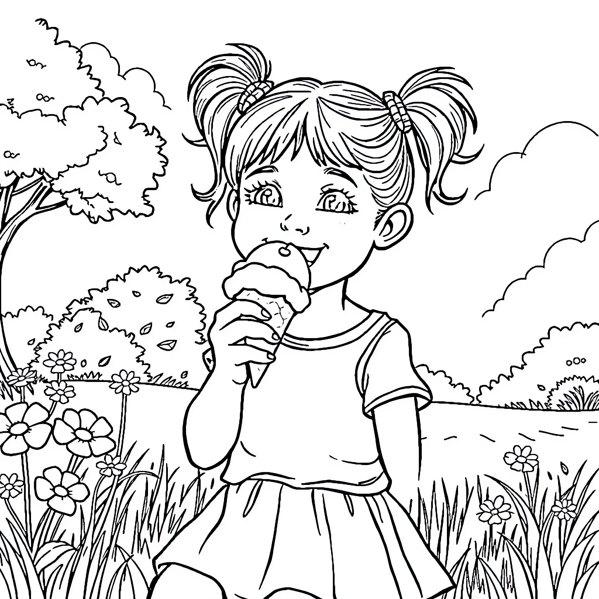 Girl Daydreaming in a Flowery Field Coloring Page (free black-and-white line drawing printable PDF for all, from beginners to advanced learners, including children, teens, adults, and seniors)