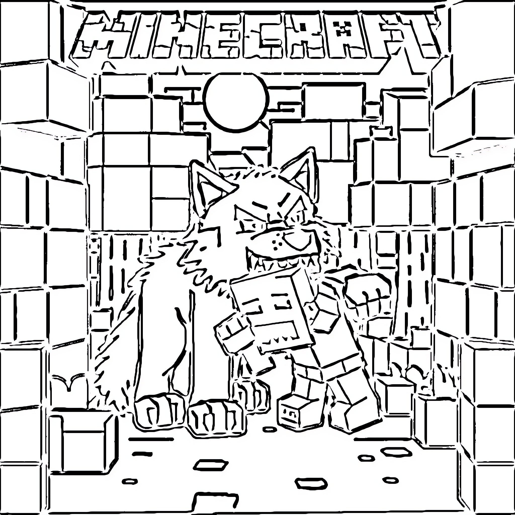 Wolf-like Creature in Geometric City Landscape Coloring Page (free black-and-white line drawing printable PDF for all, from beginners to advanced learners, including children, teens, adults, and seniors)