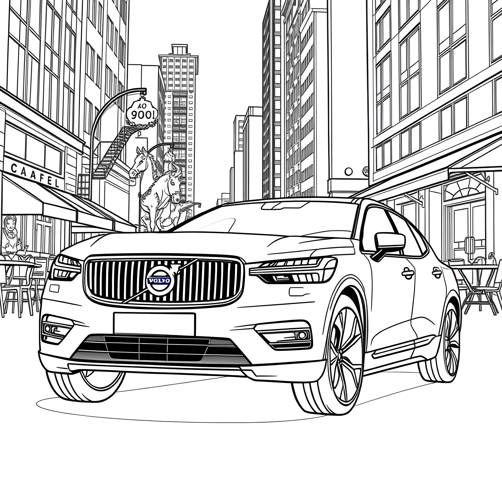 Volvo SUV in a bustling city scene Coloring Page (free black-and-white line drawing printable PDF for all, from beginners to advanced learners, including children, teens, adults, and seniors)