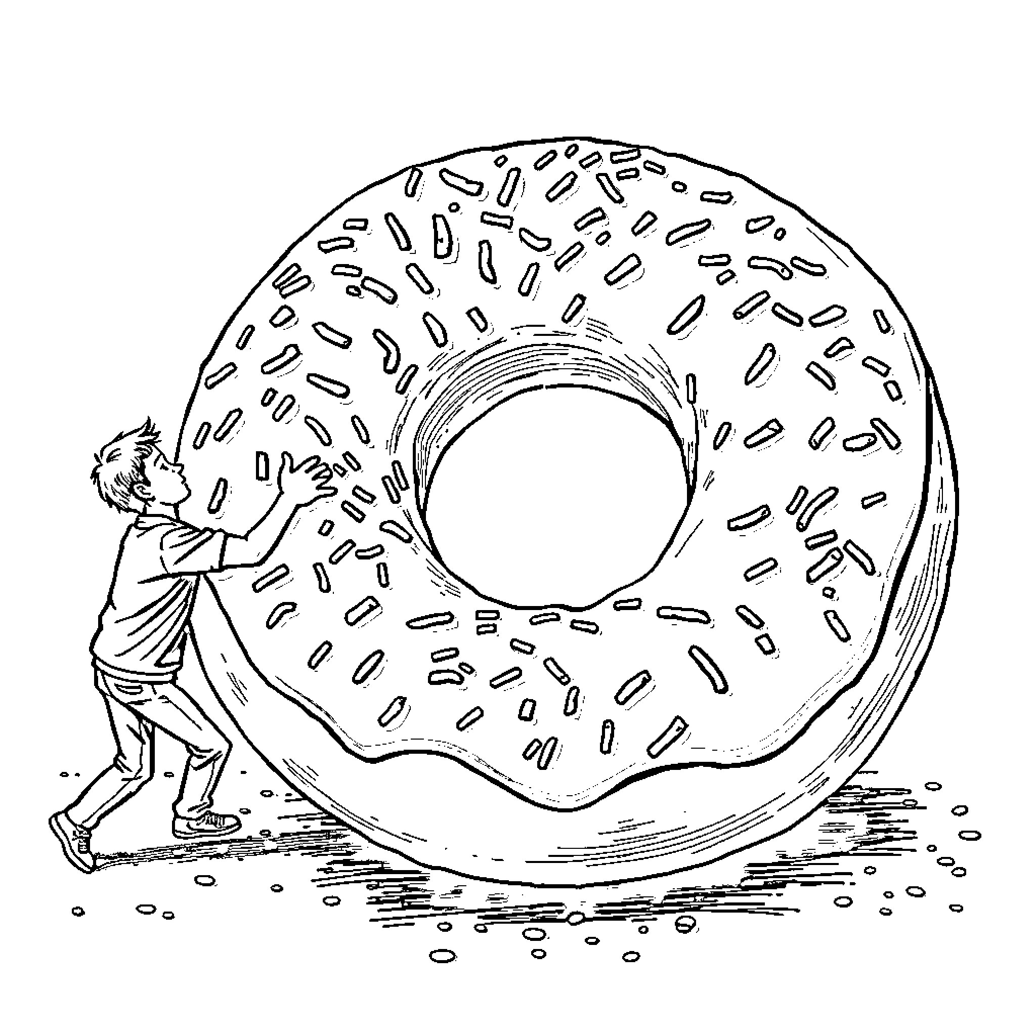 Donut of Temptation Being Enjoyed Coloring Page (free black-and-white line drawing printable PDF for all, from beginners to advanced learners, including children, teens, adults, and seniors)