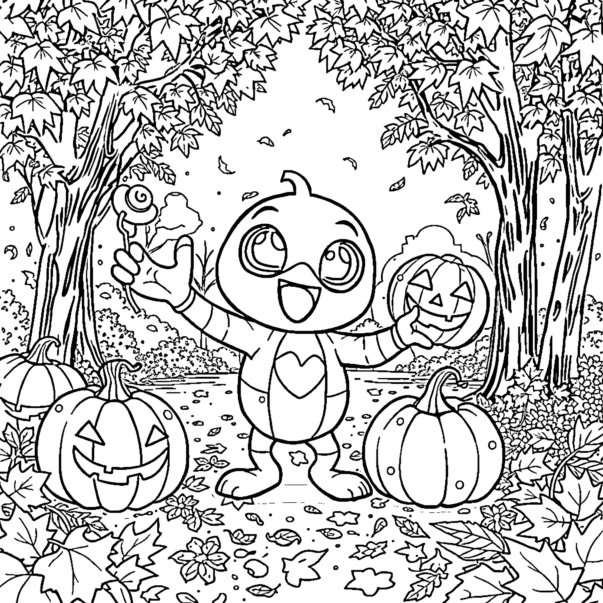 Gobby's Spooky Autumn Adventure Coloring Page (free black-and-white line drawing printable PDF for all, from beginners to advanced learners, including children, teens, adults, and seniors)