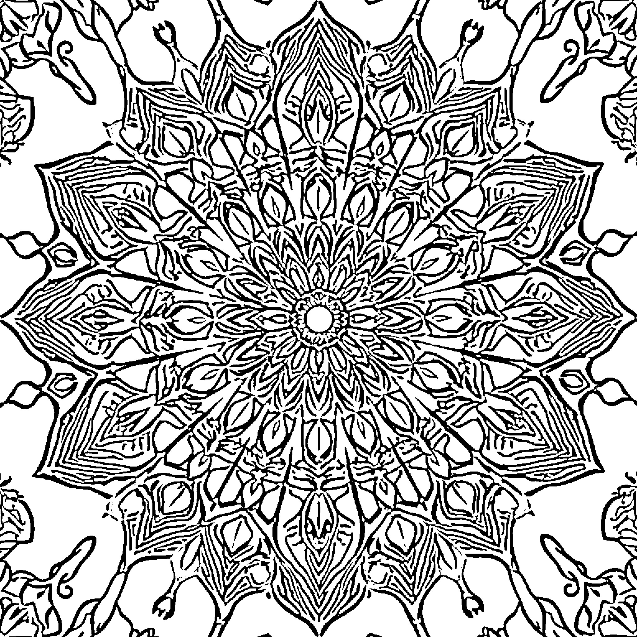 Mandala of intricate floral patterns Coloring Page (free black-and-white line drawing printable PDF for all, from beginners to advanced learners, including children, teens, adults, and seniors)
