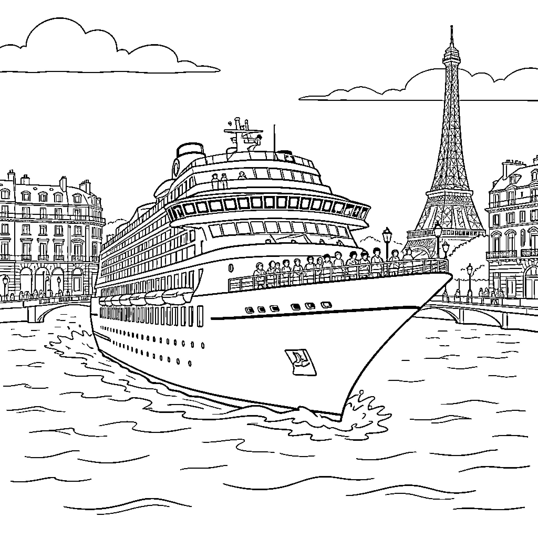Bateau cruising along the Seine river by Eiffel Tower Coloring Page (free black-and-white line drawing printable PDF for all, from beginners to advanced learners, including children, teens, adults, and seniors)