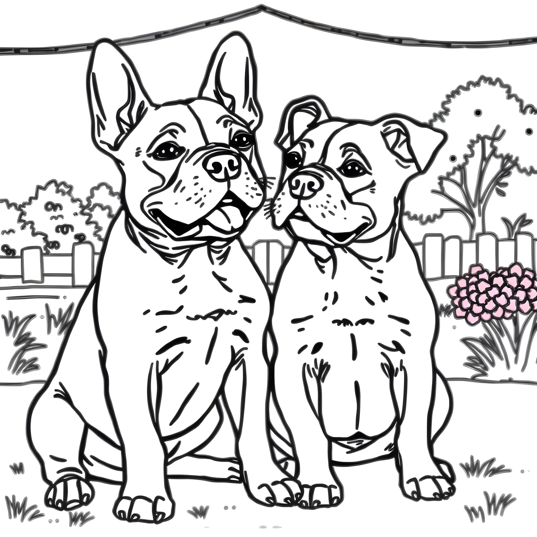 Pit Bull Dogs Playing Happily in the Park Coloring Page (free black-and-white line drawing printable PDF for all, from beginners to advanced learners, including children, teens, adults, and seniors)