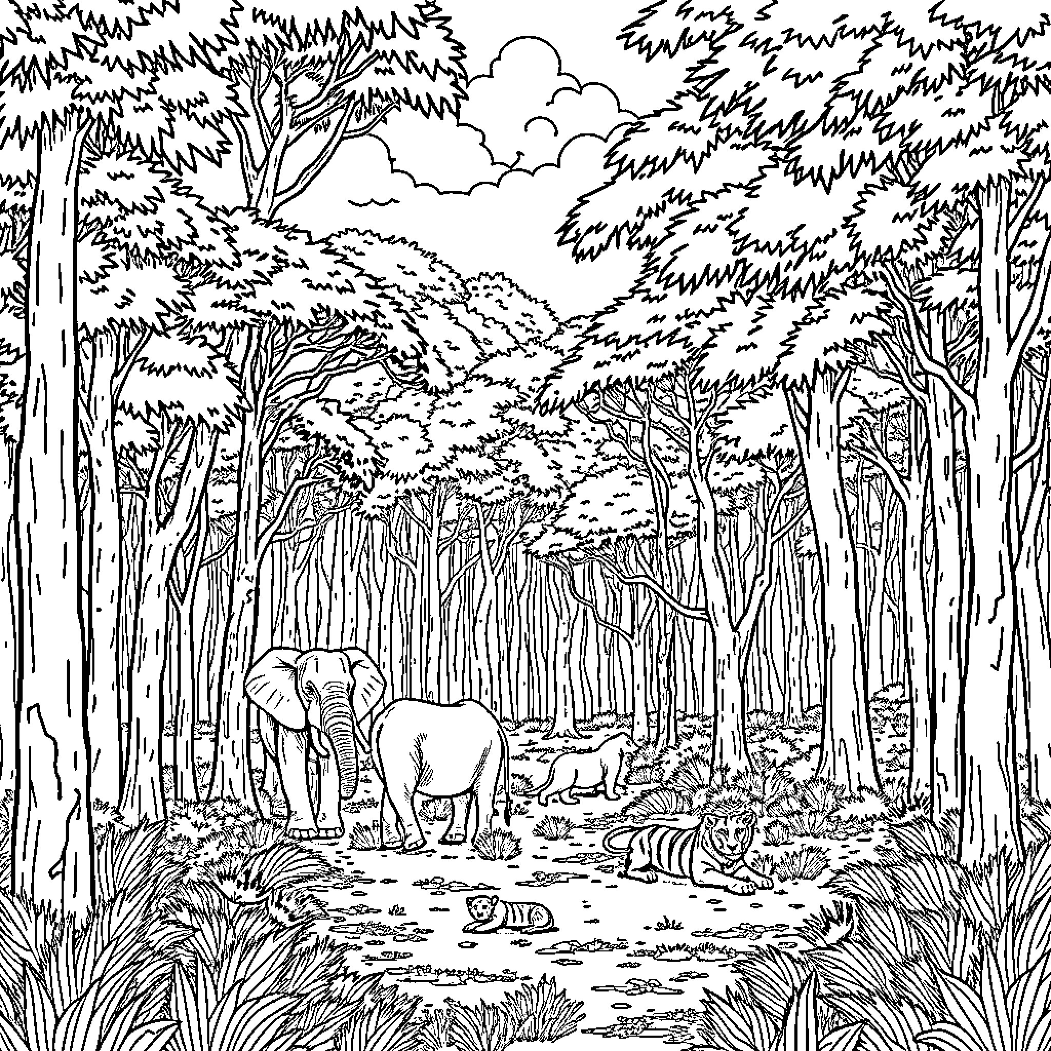Elephant herd exploring lush forest Coloring Page (free black-and-white line drawing printable PDF for all, from beginners to advanced learners, including children, teens, adults, and seniors)