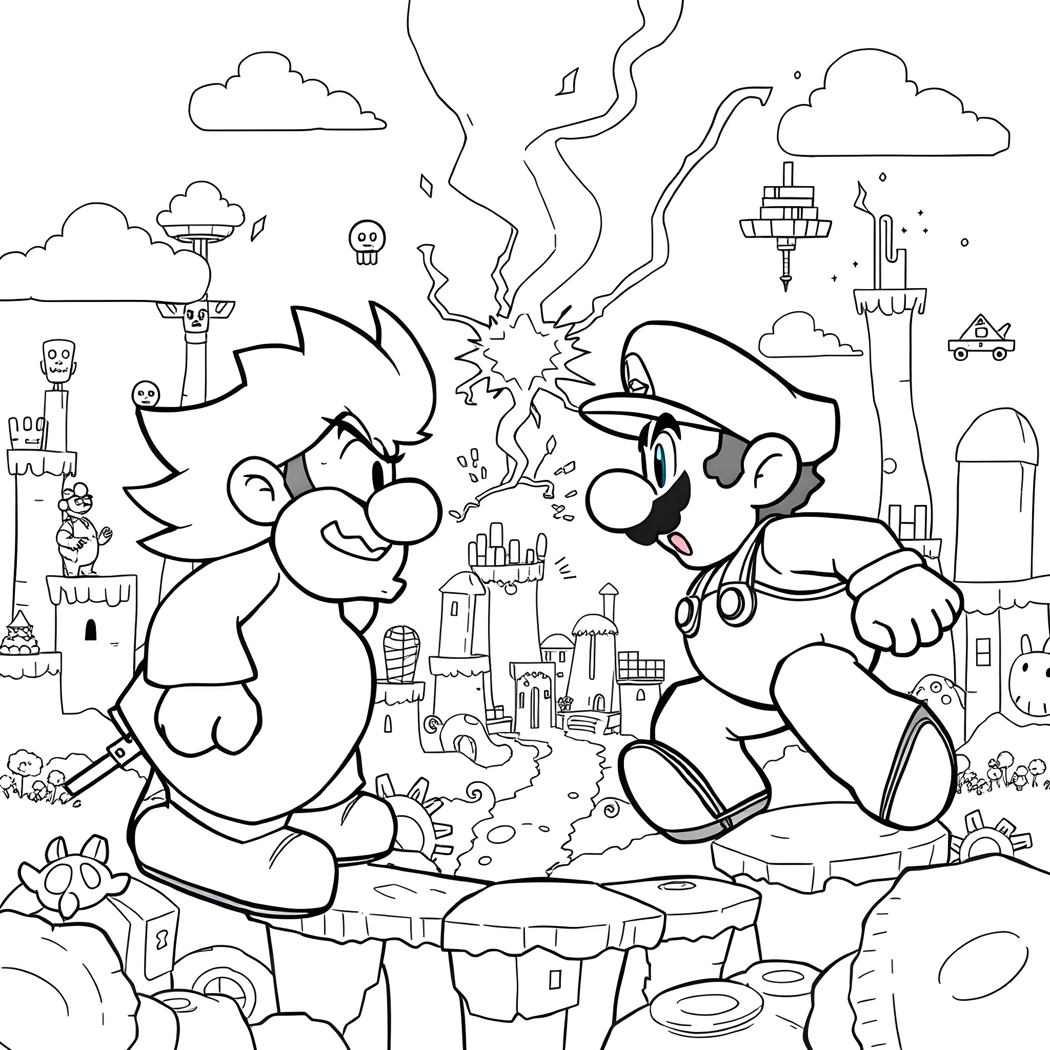 Sans Animated Characters Battling in Imaginative Landscape Coloring Page (free black-and-white line drawing printable PDF for all, from beginners to advanced learners, including children, teens, adults, and seniors)
