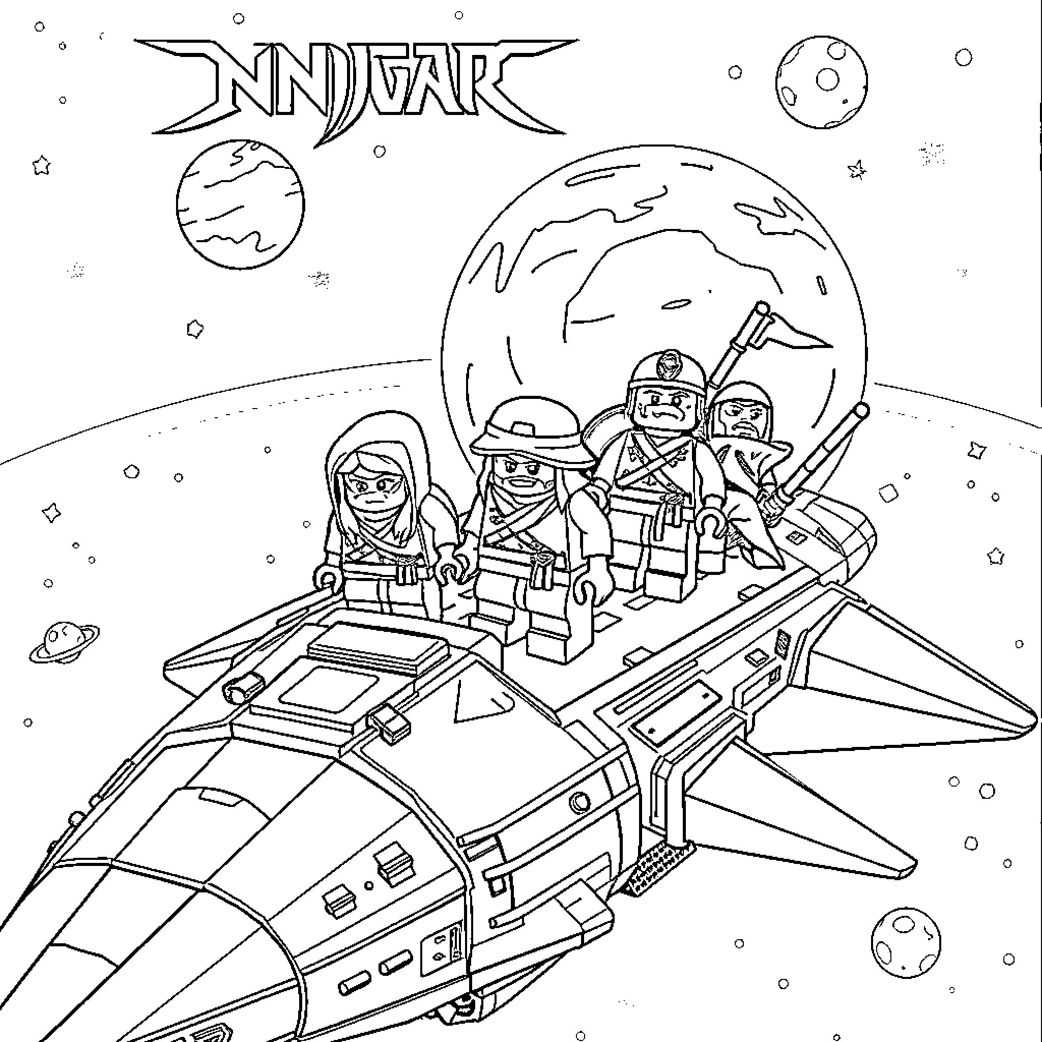 Ninjago characters riding a spaceship through outer space Coloring Page (free black-and-white line drawing printable PDF for all, from beginners to advanced learners, including children, teens, adults, and seniors)