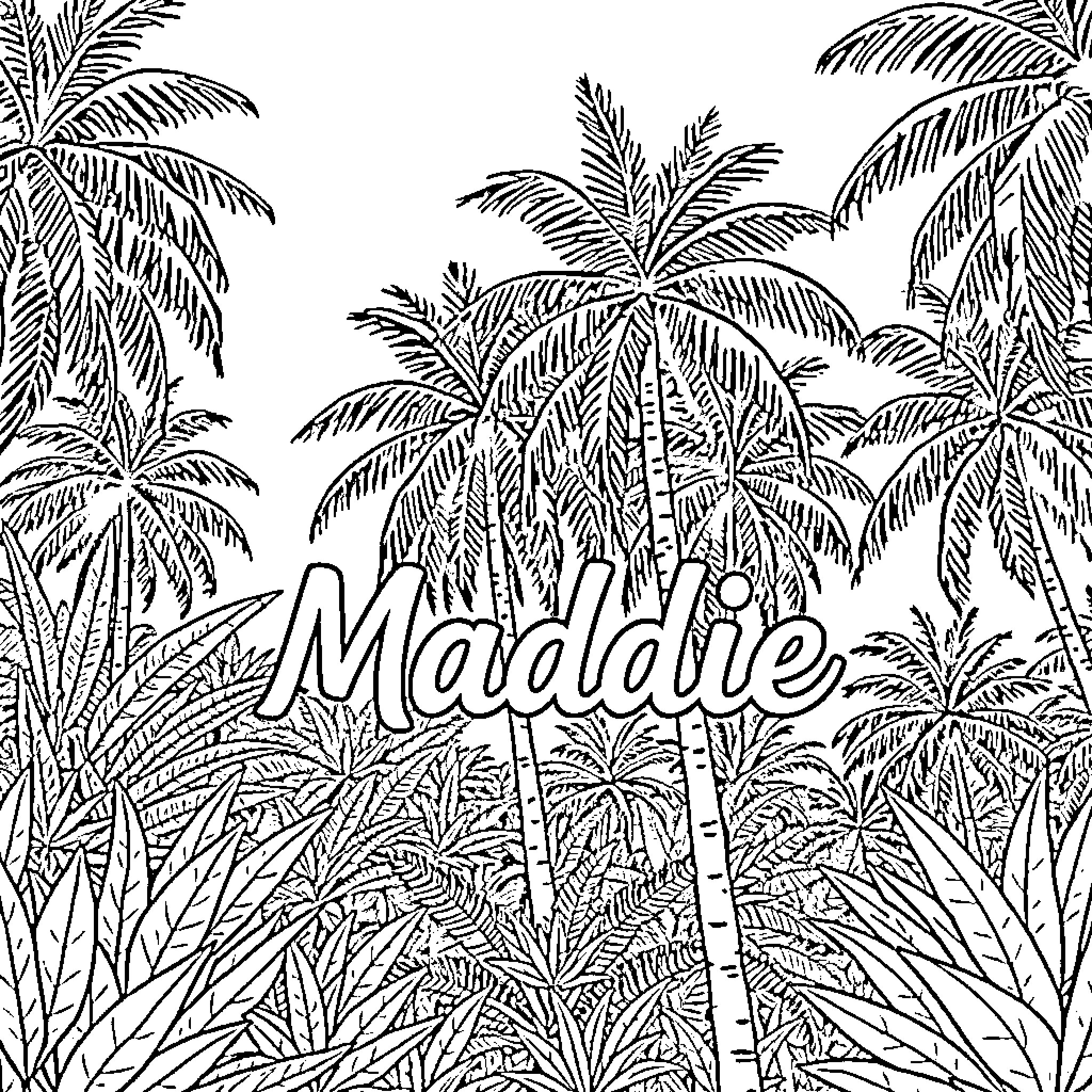 Palm Tree Silhouettes in Tropical Foliage Coloring Page (free black-and-white line drawing printable PDF for all, from beginners to advanced learners, including children, teens, adults, and seniors)