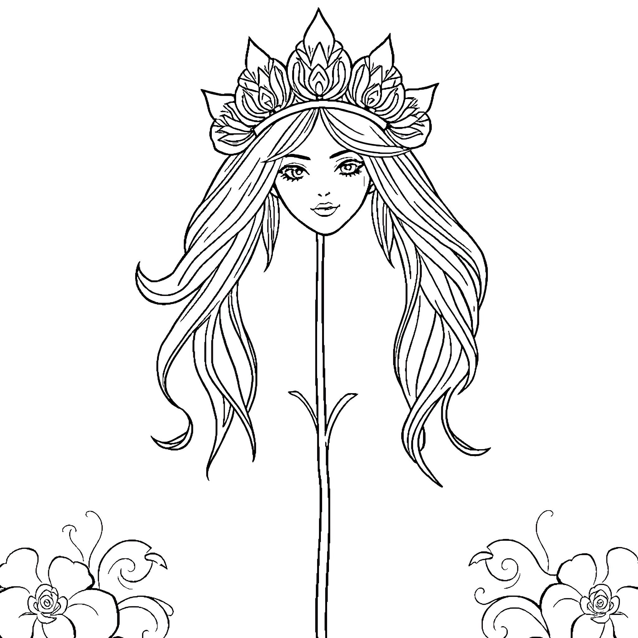 Barbie with a Floral Crown and Long Hair Coloring Page (free black-and-white line drawing printable PDF for all, from beginners to advanced learners, including children, teens, adults, and seniors)