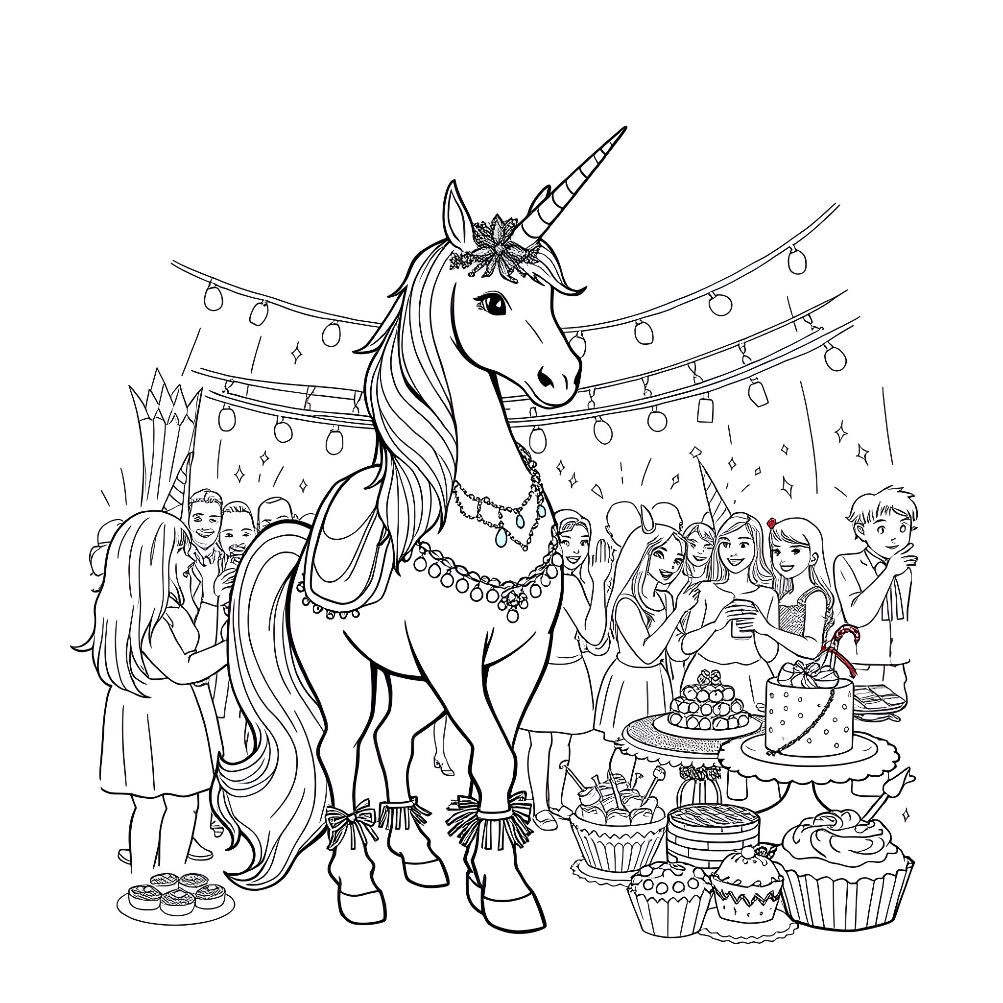 Unicorn Celebration with Decorations and Crowd Coloring Page (free black-and-white line drawing printable PDF for all, from beginners to advanced learners, including children, teens, adults, and seniors)