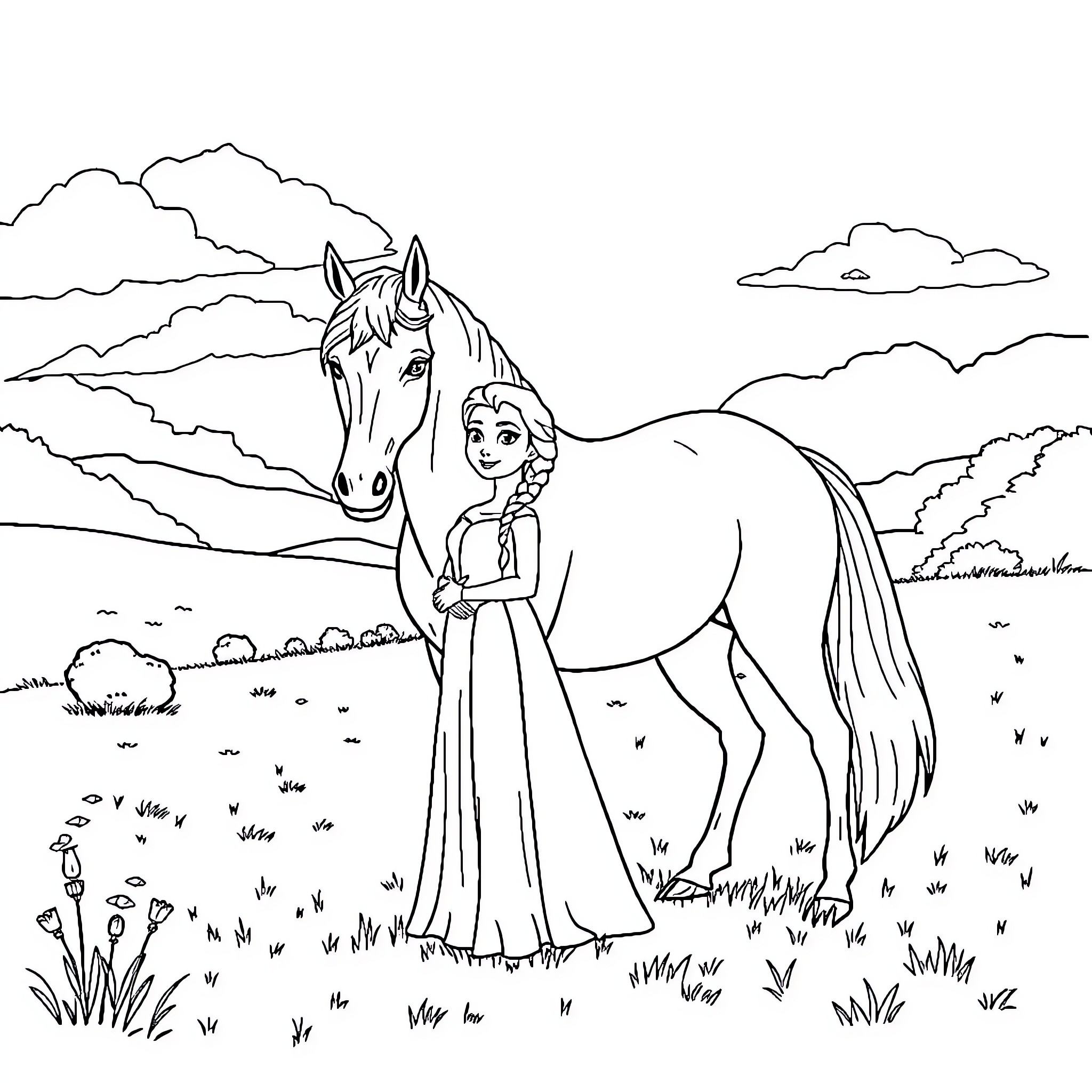 Elsa and her horse exploring the countryside Coloring Page (free black-and-white line drawing printable PDF for all, from beginners to advanced learners, including children, teens, adults, and seniors)
