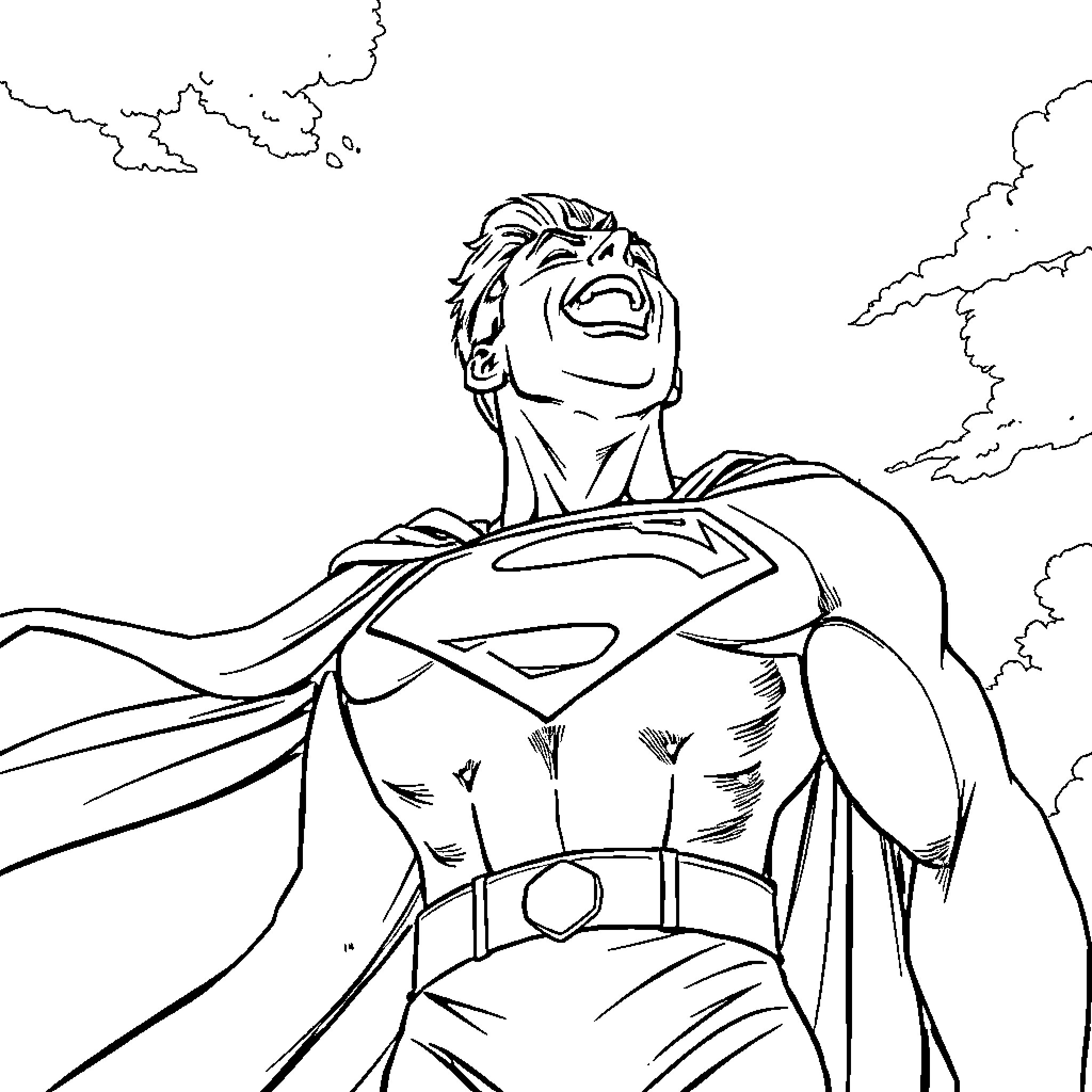 Superman in heroic pose against cloudy sky Coloring Page (free black-and-white line drawing printable PDF for all, from beginners to advanced learners, including children, teens, adults, and seniors)