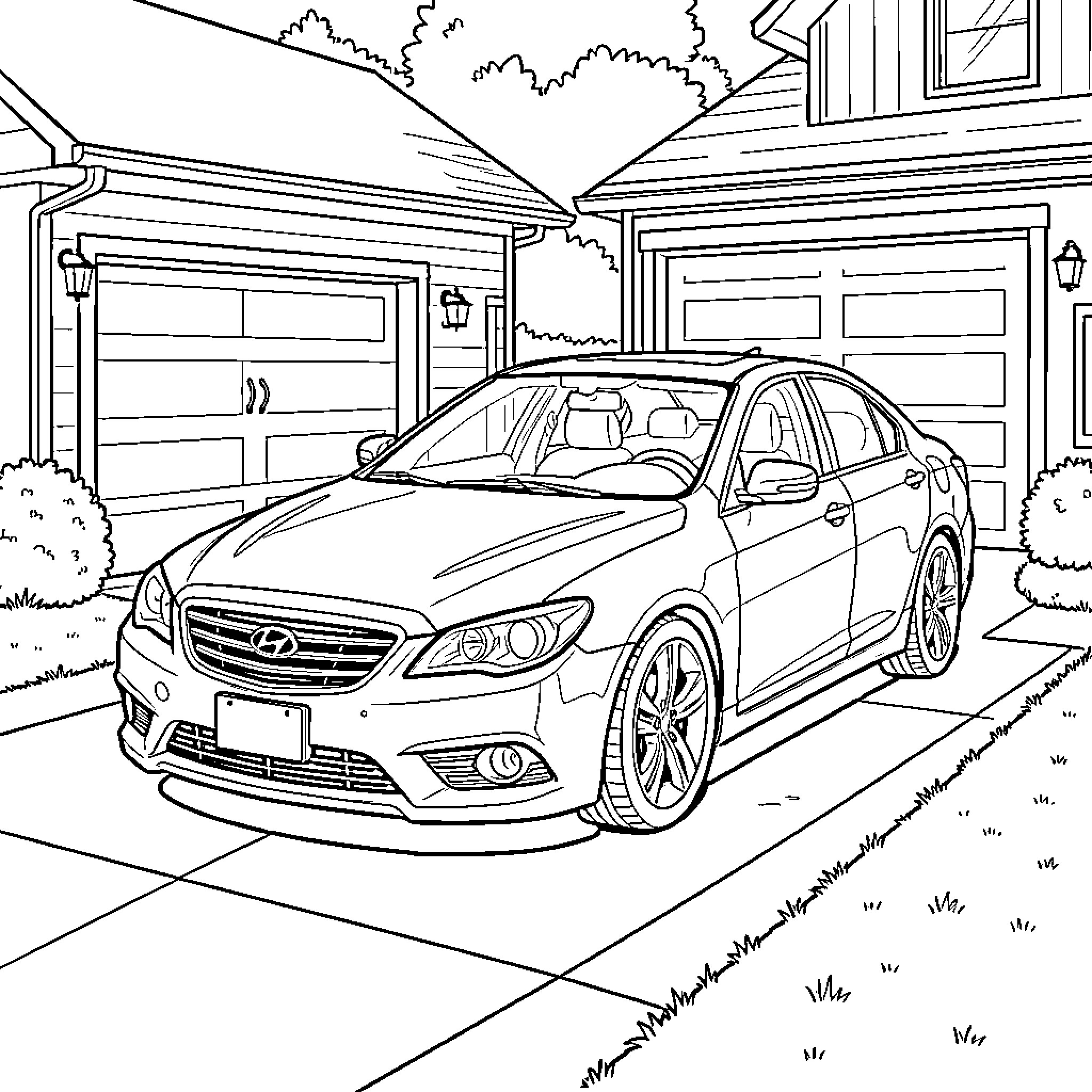 Car parked on a driveway in front of houses Coloring Page (free black-and-white line drawing printable PDF for all, from beginners to advanced learners, including children, teens, adults, and seniors)