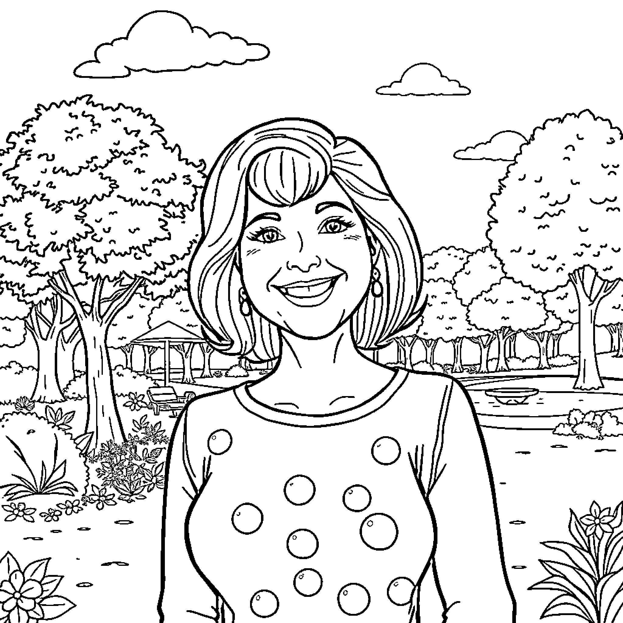 Sue Nero enjoying the outdoors in a polka dot dress Coloring Page (free black-and-white line drawing printable PDF for all, from beginners to advanced learners, including children, teens, adults, and seniors)