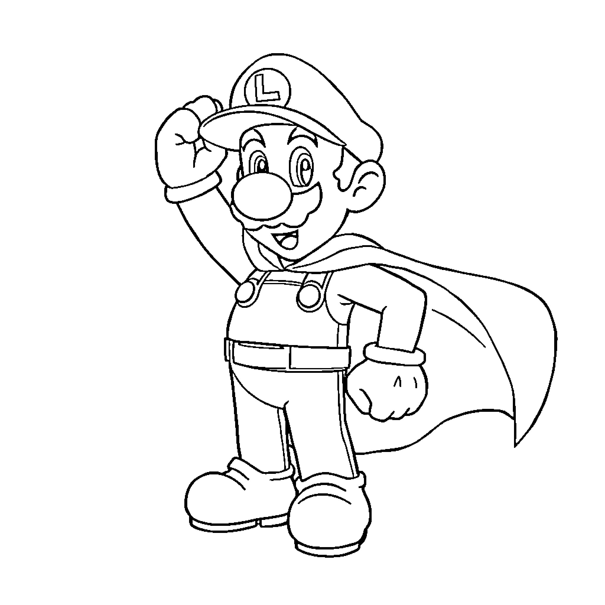 Luigi the plumber in an adventure Coloring Page (free black-and-white line drawing printable PDF for all, from beginners to advanced learners, including children, teens, adults, and seniors)
