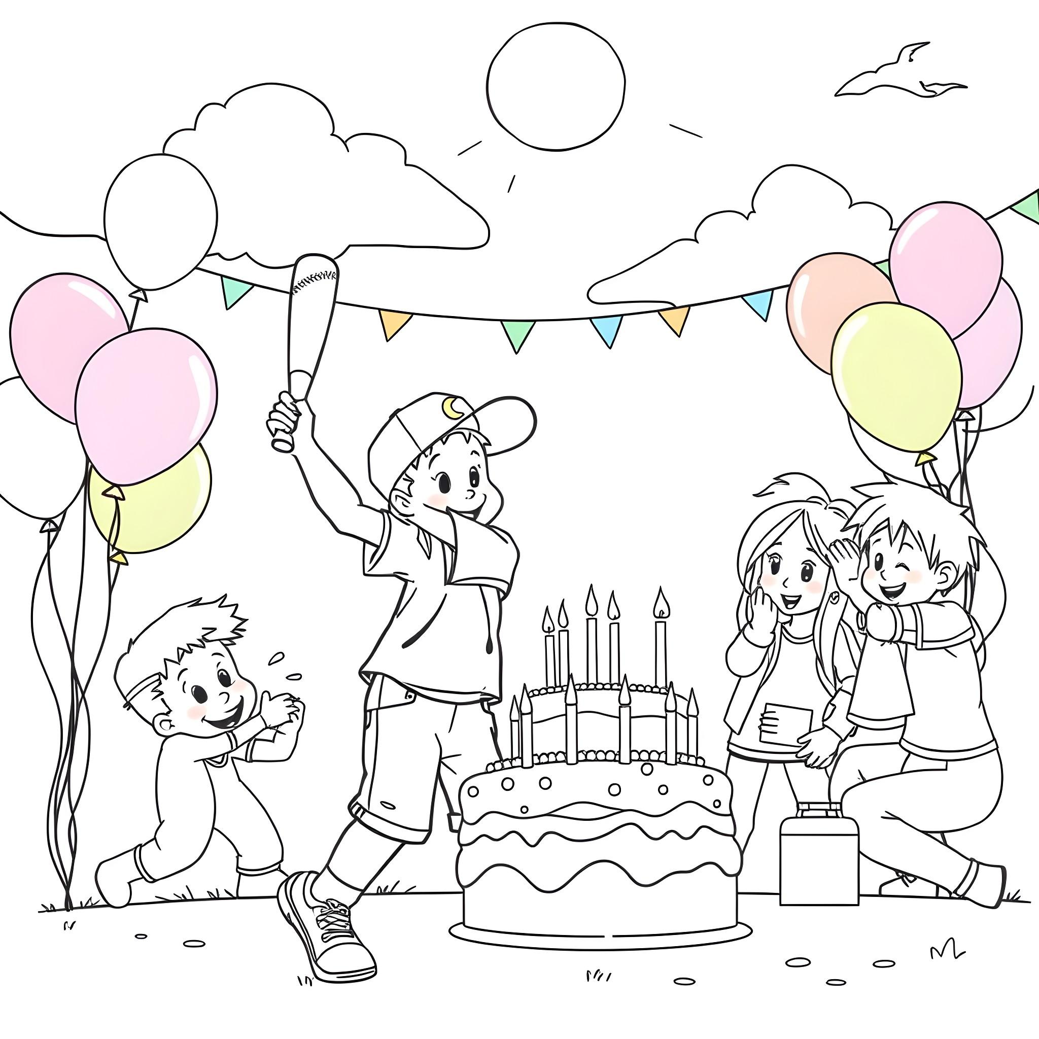 Boy celebrates birthday with friends and balloons Coloring Page (free black-and-white line drawing printable PDF for all, from beginners to advanced learners, including children, teens, adults, and seniors)