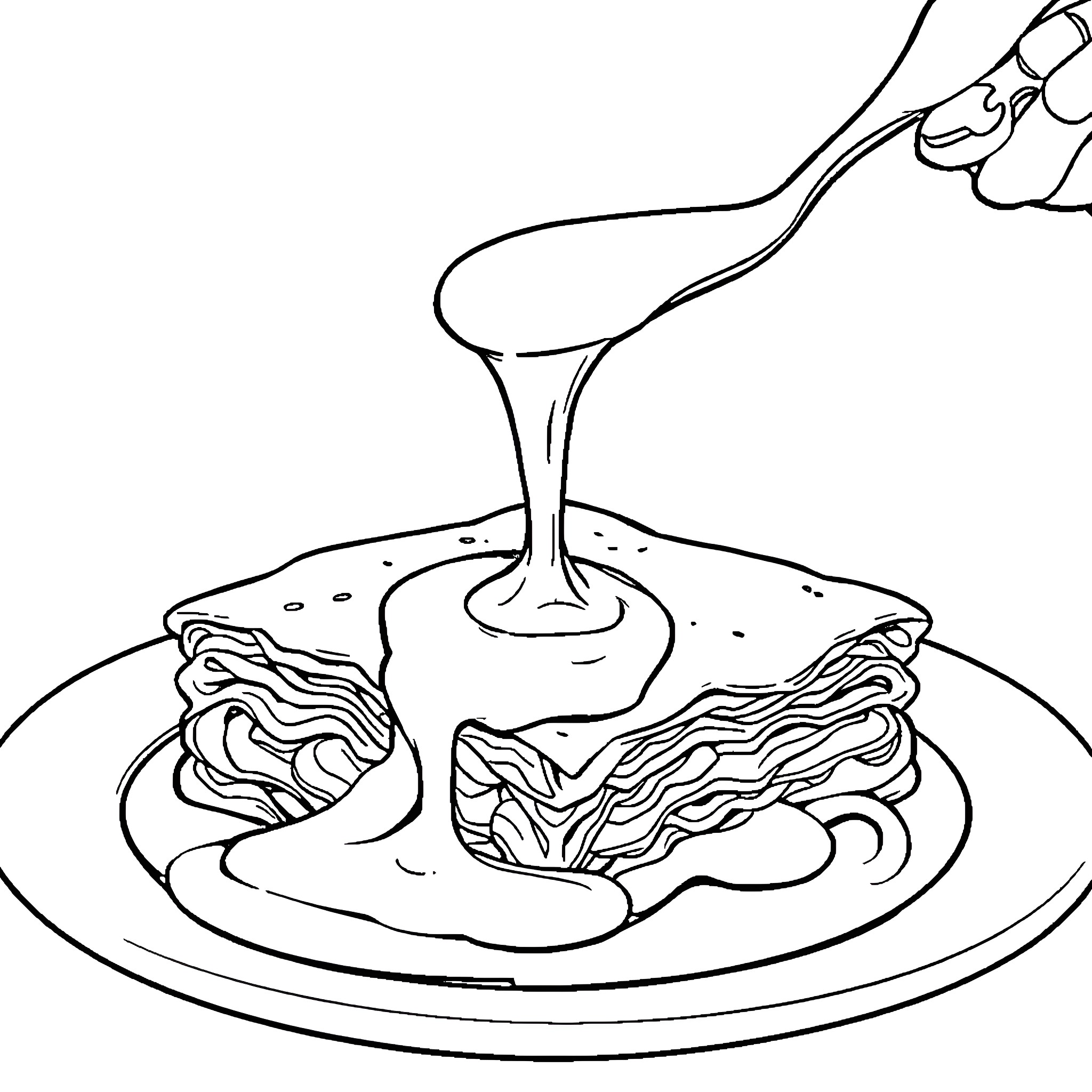 Lasagna being served from a plate Coloring Page (free black-and-white line drawing printable PDF for all, from beginners to advanced learners, including children, teens, adults, and seniors)