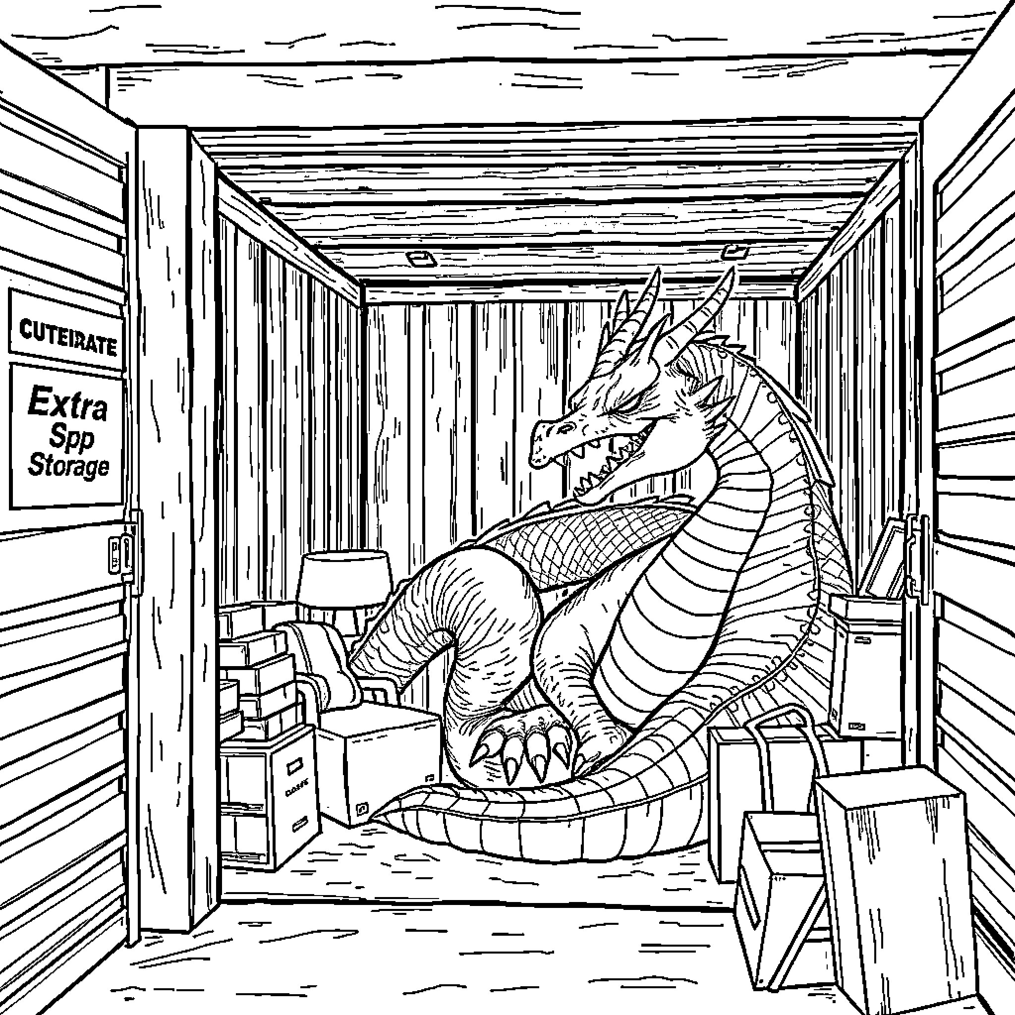 Dragon guarding a storage unit Coloring Page (free black-and-white line drawing printable PDF for all, from beginners to advanced learners, including children, teens, adults, and seniors)