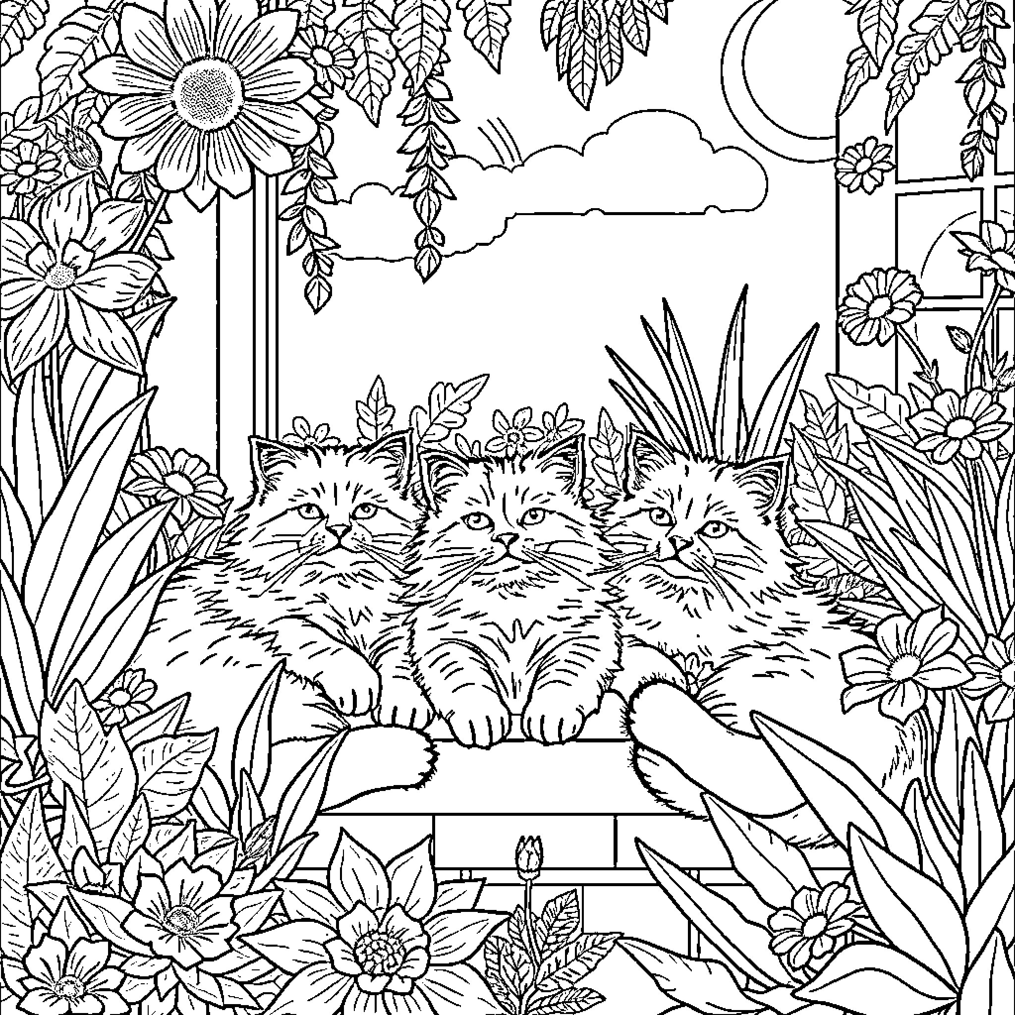 Cat Trio Basking in Floral Garden Coloring Page (free black-and-white line drawing printable PDF for all, from beginners to advanced learners, including children, teens, adults, and seniors)