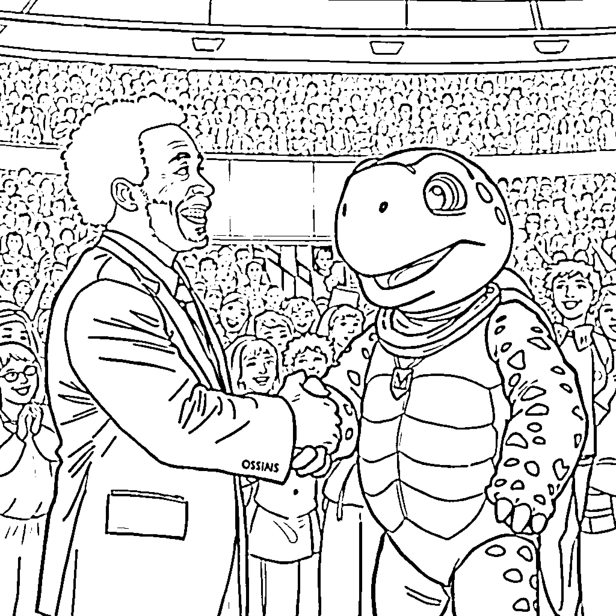 Testudo Mascot Celebrating with Crowd Coloring Page (free black-and-white line drawing printable PDF for all, from beginners to advanced learners, including children, teens, adults, and seniors)