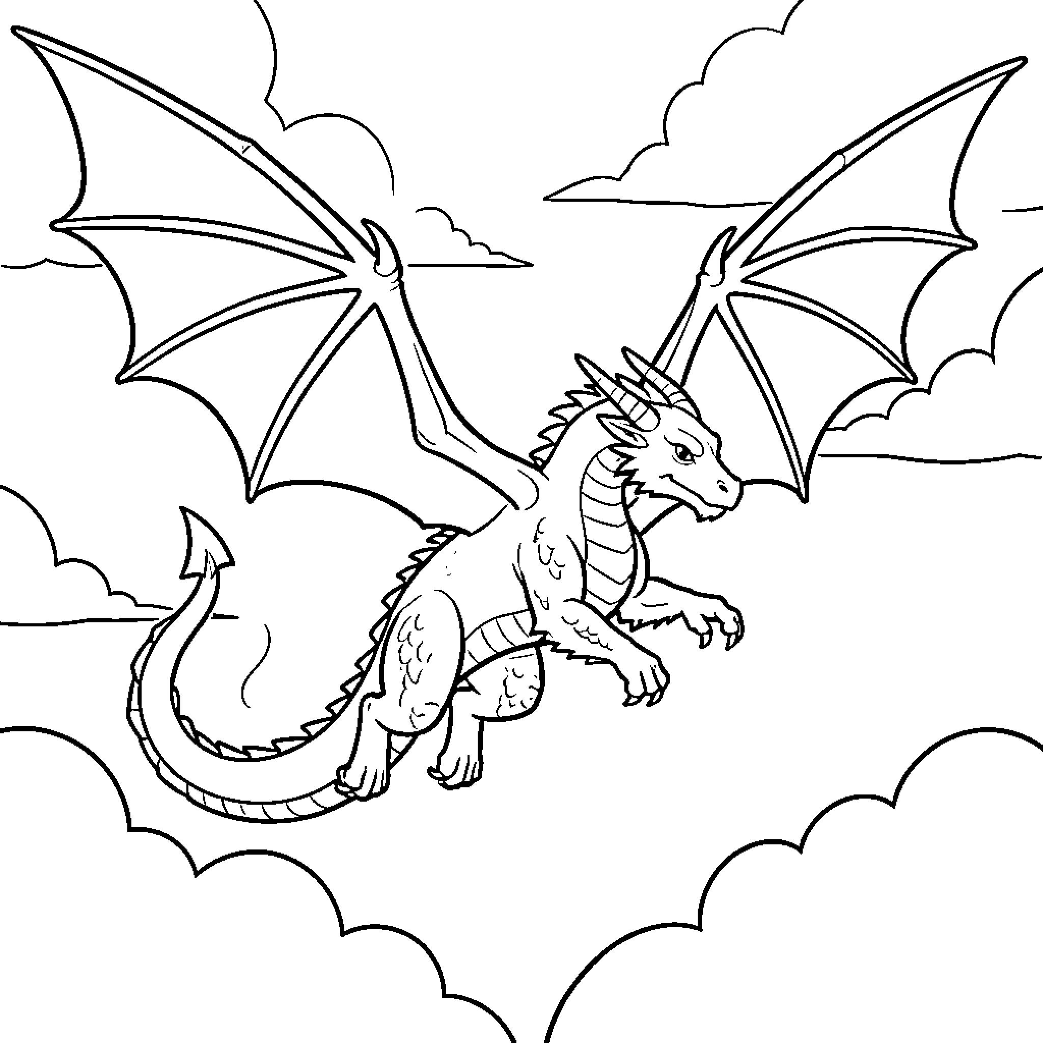 Dragon flying majestically through the cloudy sky Coloring Page (free black-and-white line drawing printable PDF for all, from beginners to advanced learners, including children, teens, adults, and seniors)