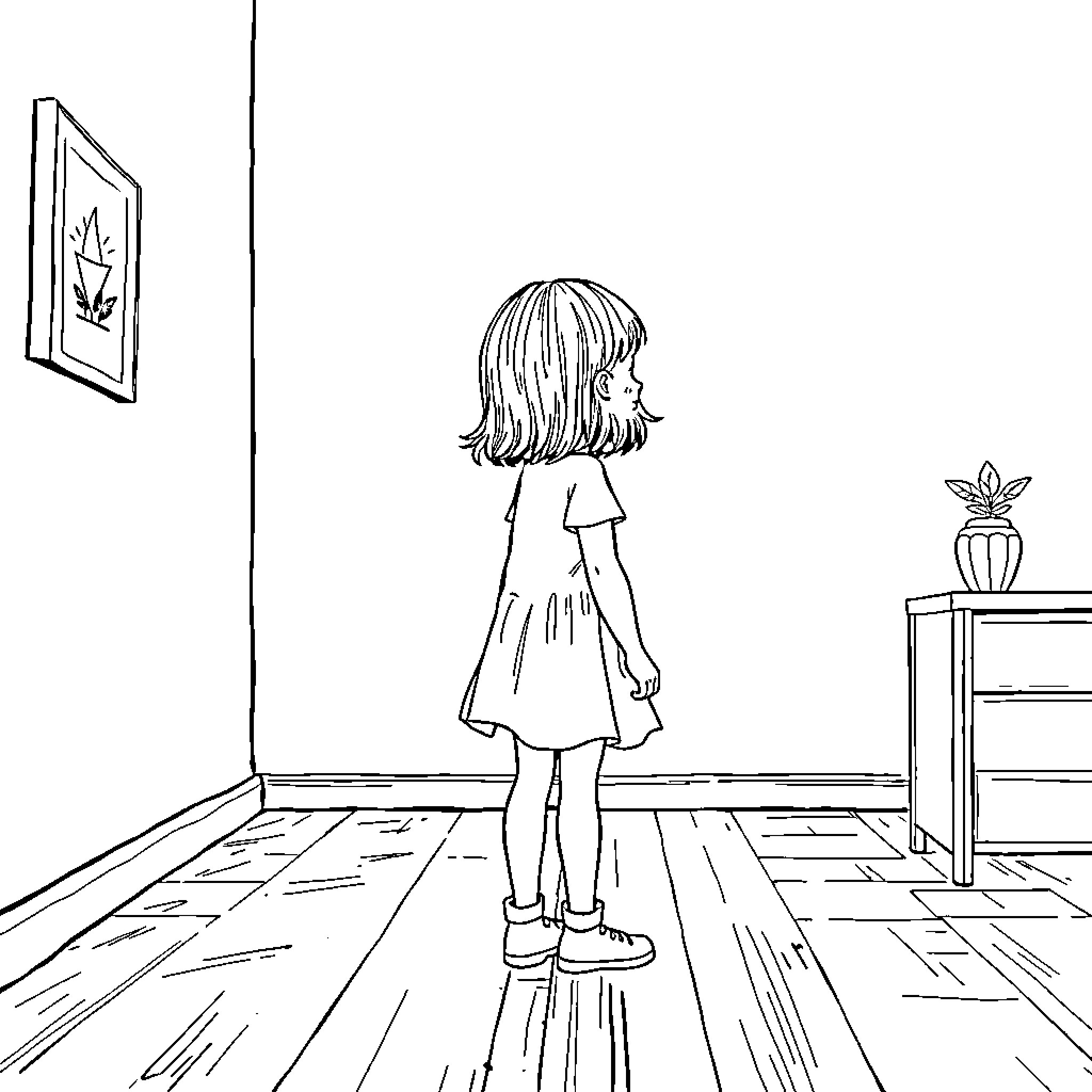 Girl standing alone in a room Coloring Page (free black-and-white line drawing printable PDF for all, from beginners to advanced learners, including children, teens, adults, and seniors)