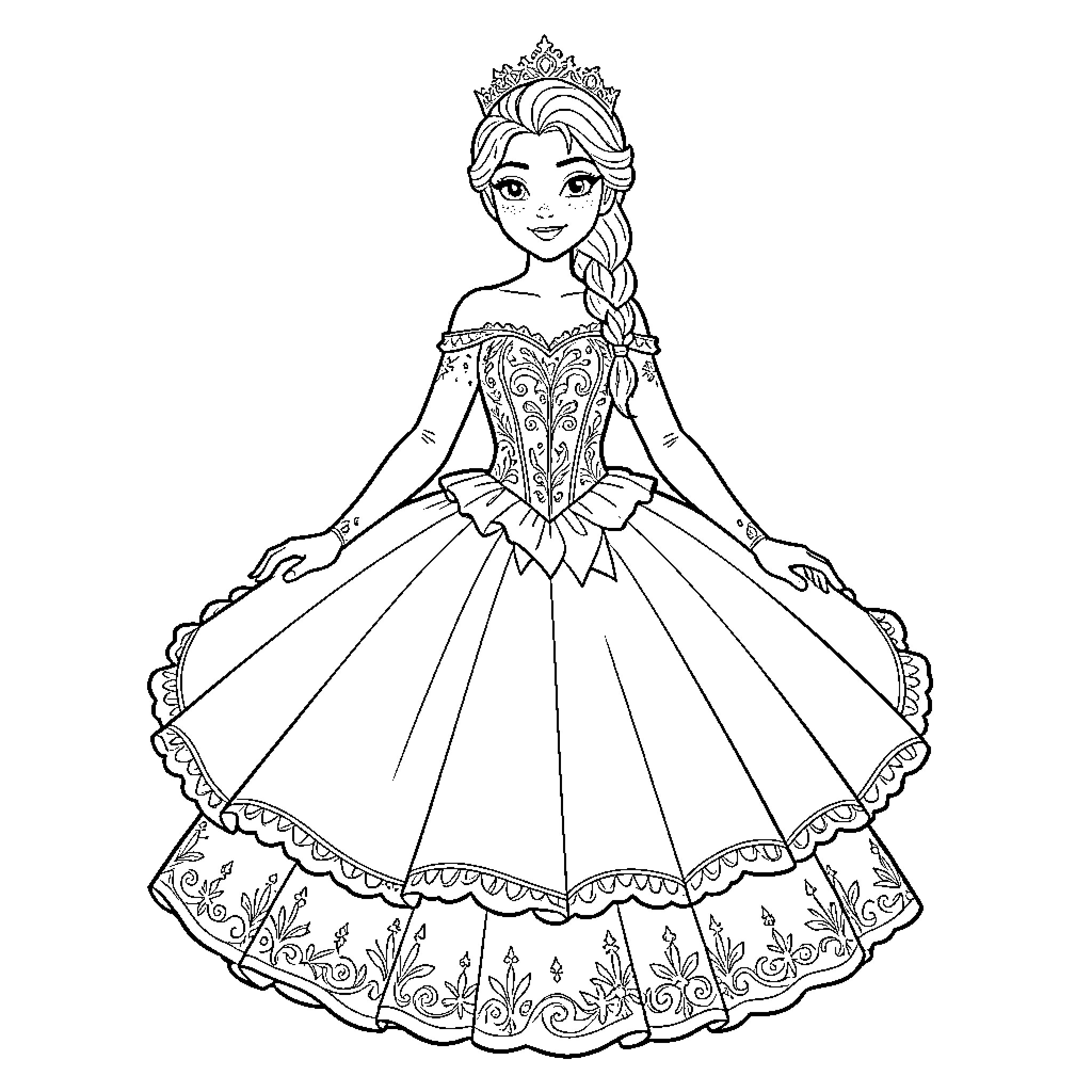 Queen wearing a royal gown and crown Coloring Page (free black-and-white line drawing printable PDF for all, from beginners to advanced learners, including children, teens, adults, and seniors)