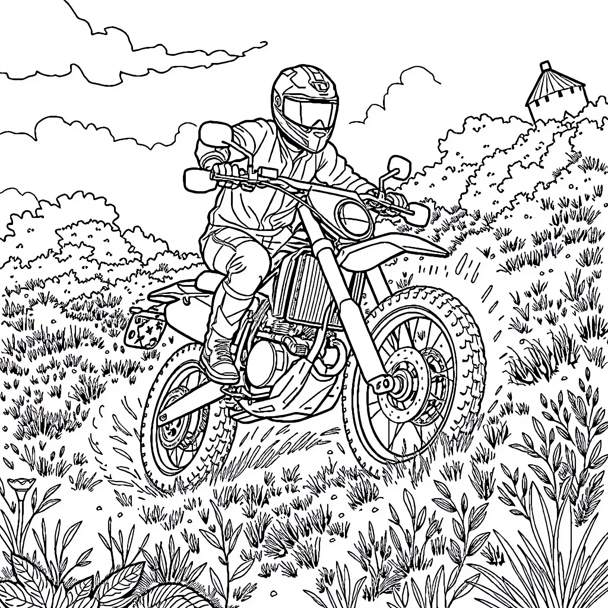 Motorcycle rider exploring scenic countryside Coloring Page (free black-and-white line drawing printable PDF for all, from beginners to advanced learners, including children, teens, adults, and seniors)